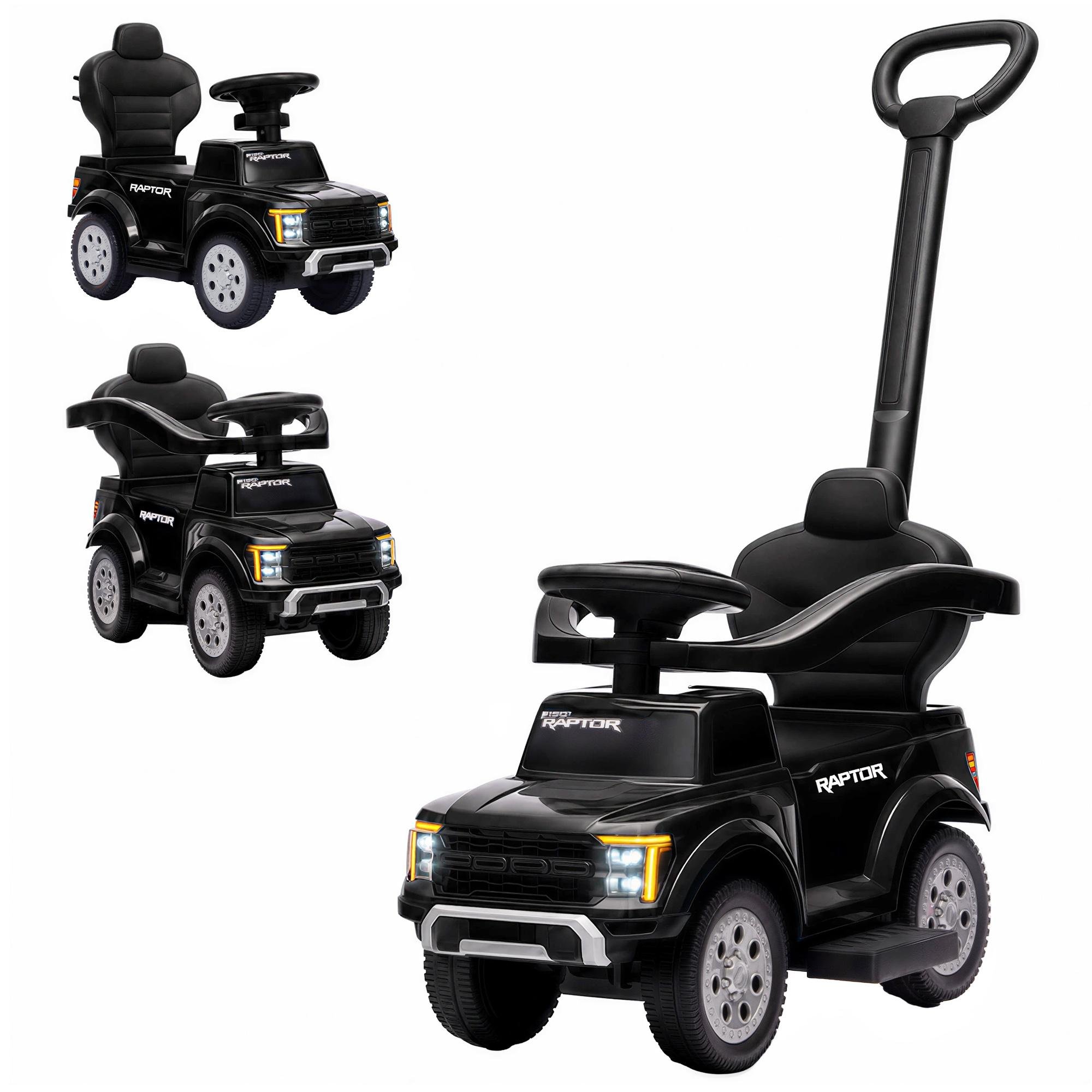 Black 3-in-1 Ride-On Push Car with Sounds and Lights