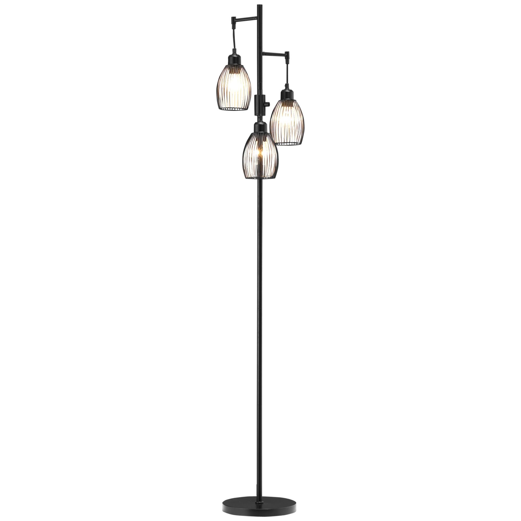 Black Alloy Steel Floor Lamp, 3 Hanging Shades, Dimmable