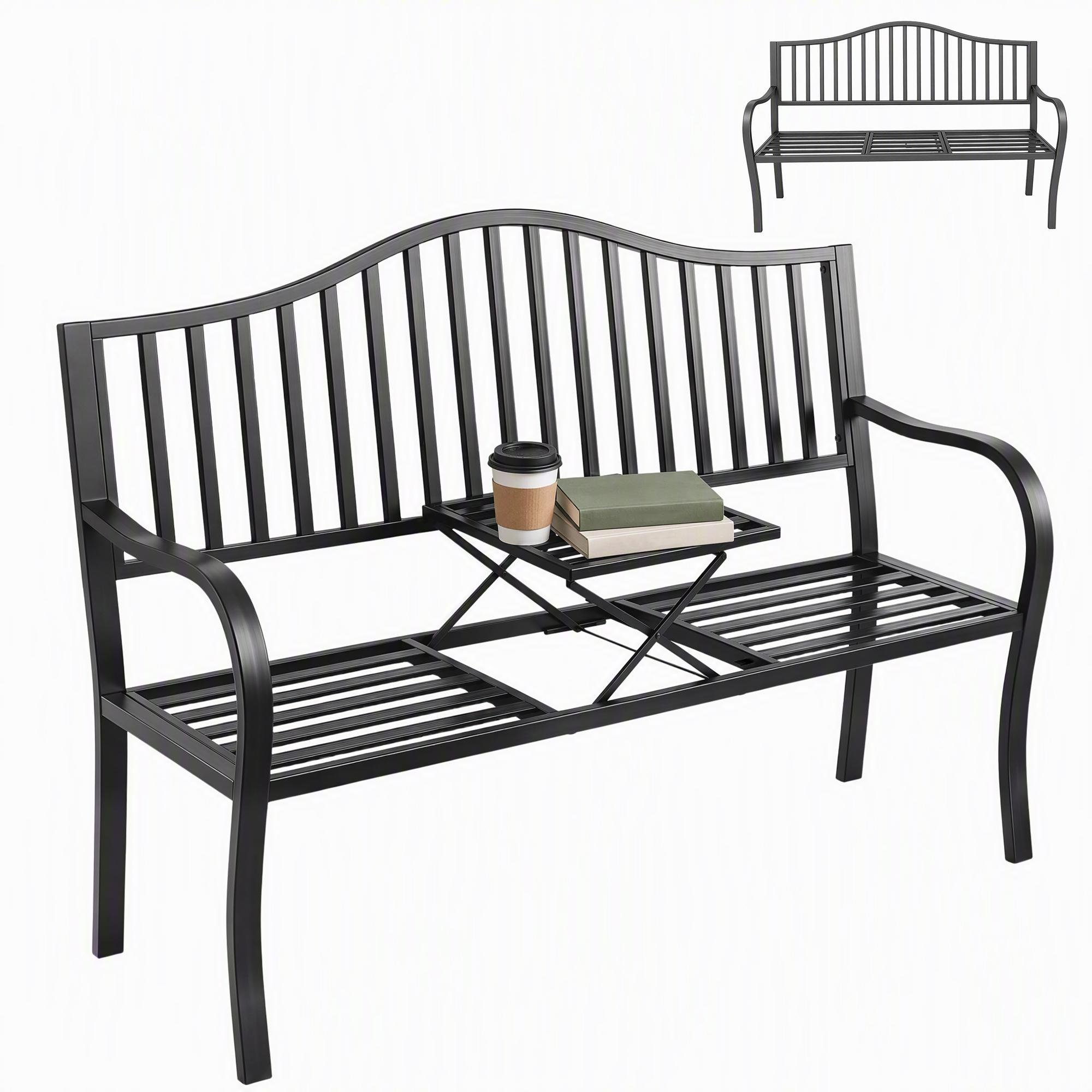 Black Alloy Steel Patio Bench with Retractable Table