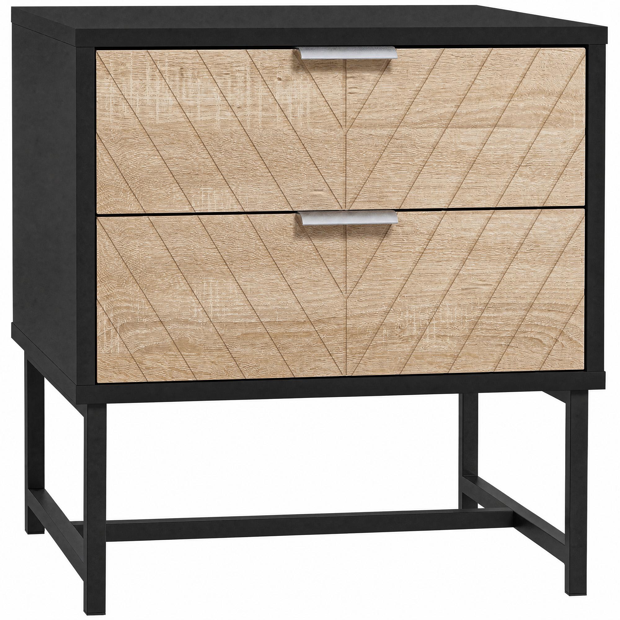 Black Chevron Bedside Table with Two Drawers, Steel Frame