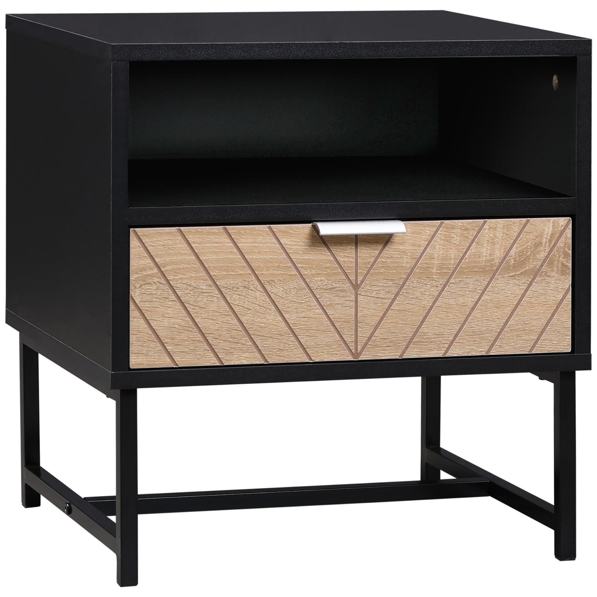 Black Oak Herringbone Nightstand with Drawer and Shelf