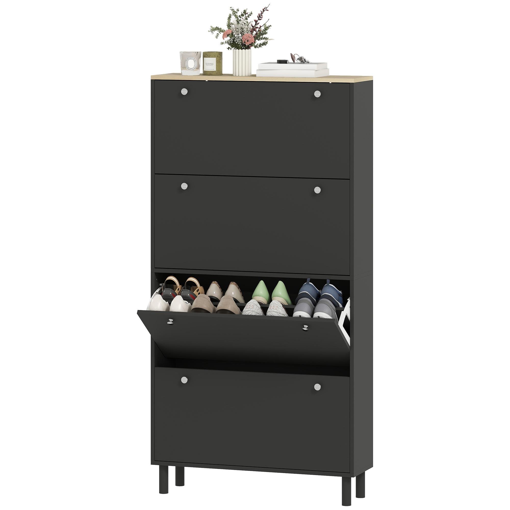 Black Oak Narrow Shoe Cabinet, 4 Flip Drawers