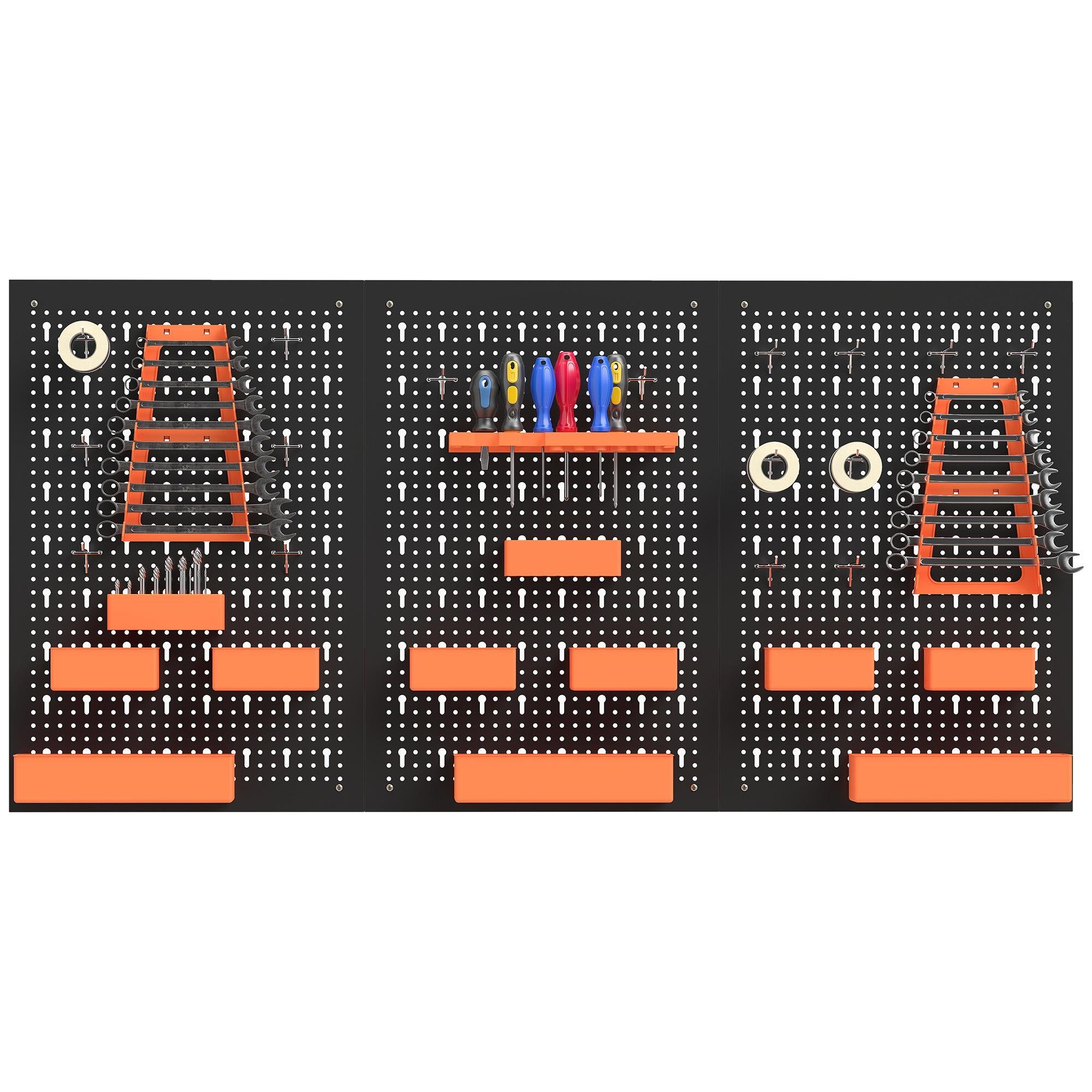 Black Orange Pegboard Organizer with Bins and 16 Hooks