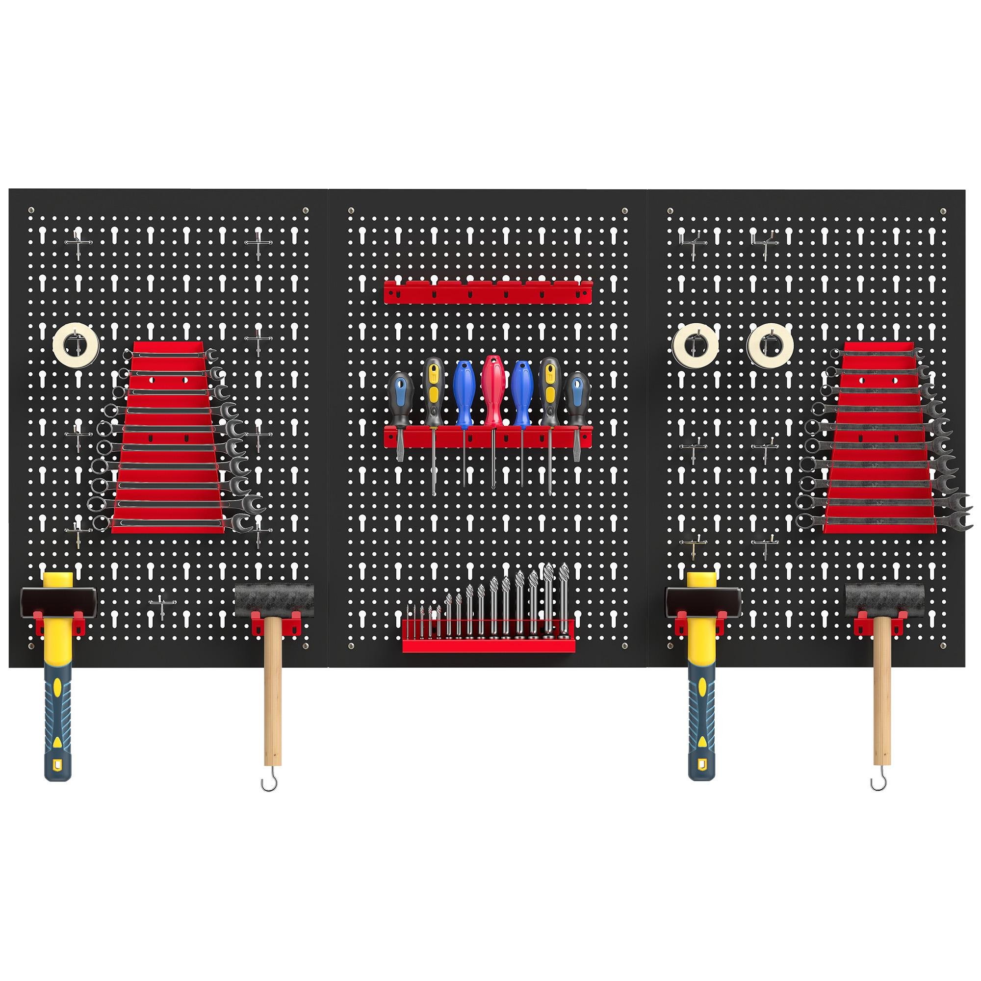 Black Red Steel Pegboard with 28-Piece Tool Organizers