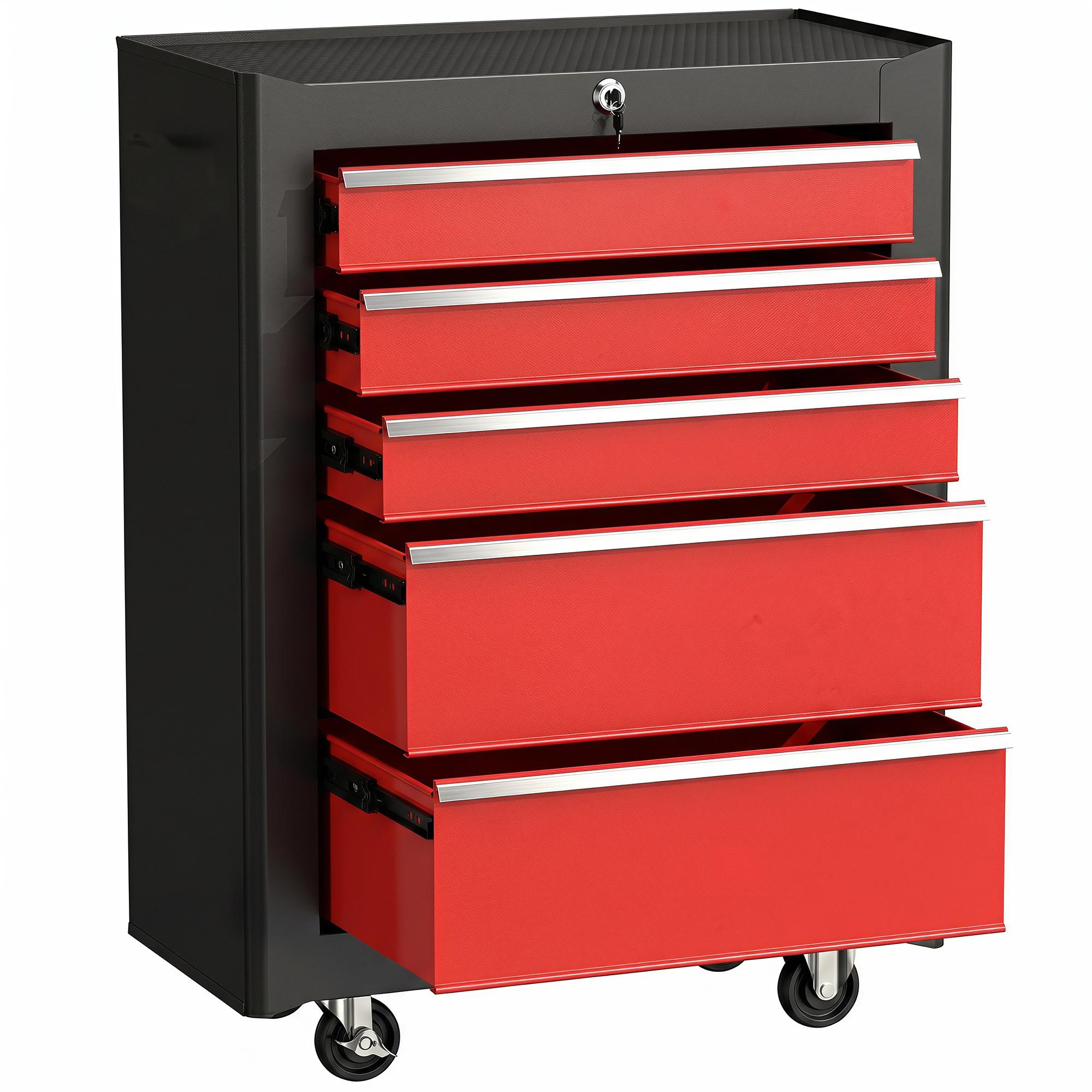 Black Red Five Drawer Cabinet with Wheels, 24.2 in