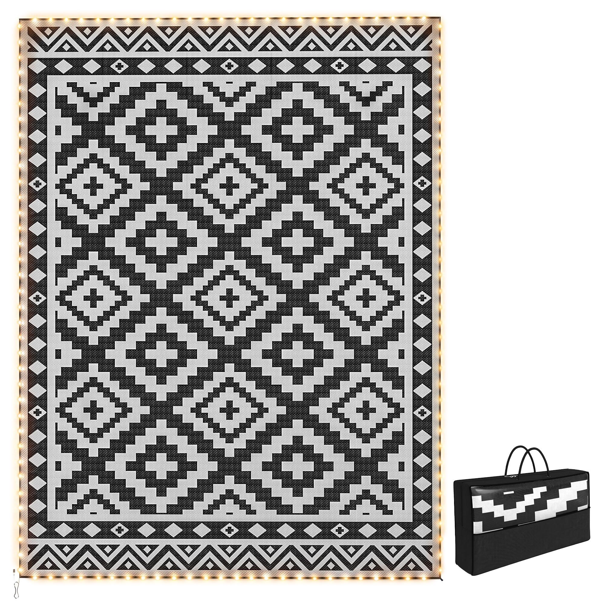 Black White Reversible Outdoor Rug with USB Lights, 12' x 9'