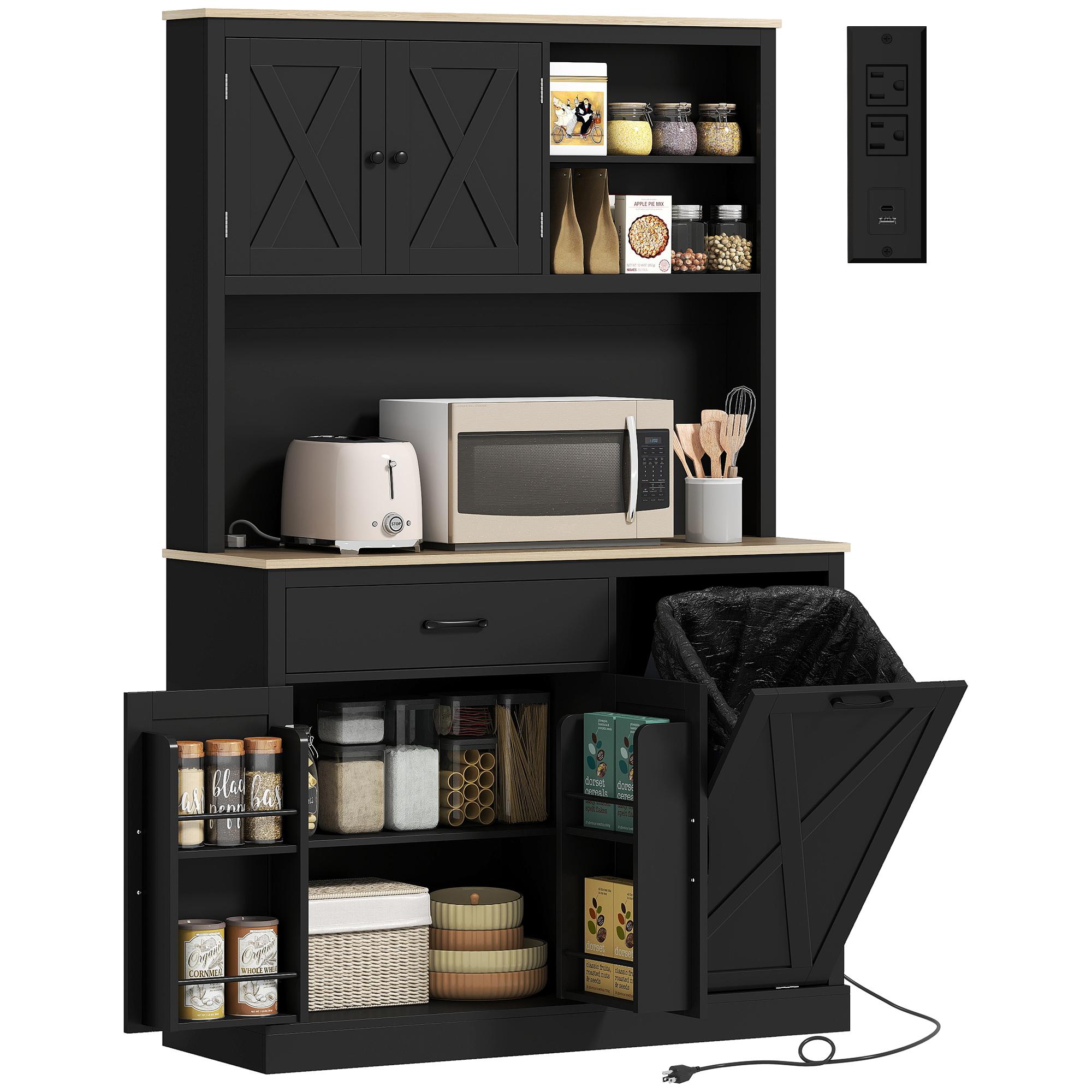 Black Barn Door Pantry with Charging Station and Bin Cabinet