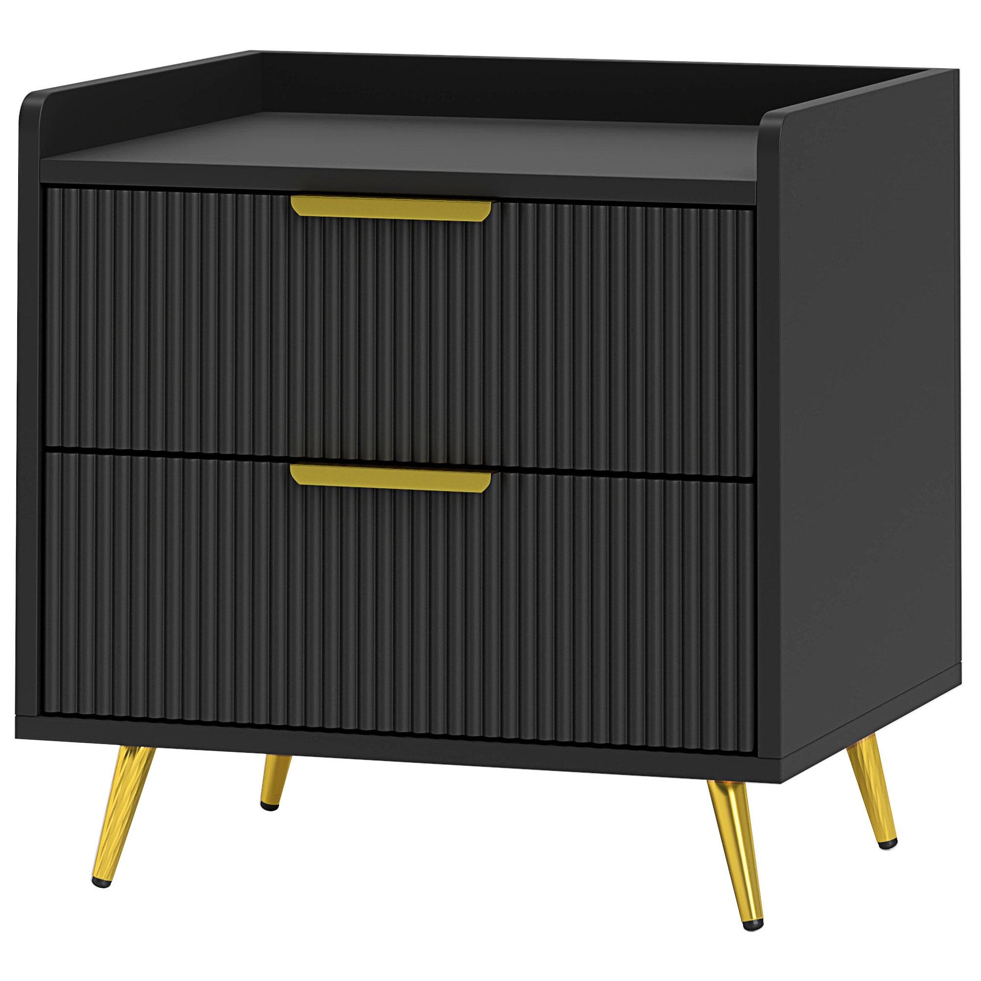 Black Fluted Drawer Cabinet with Gold Legs for Bedroom