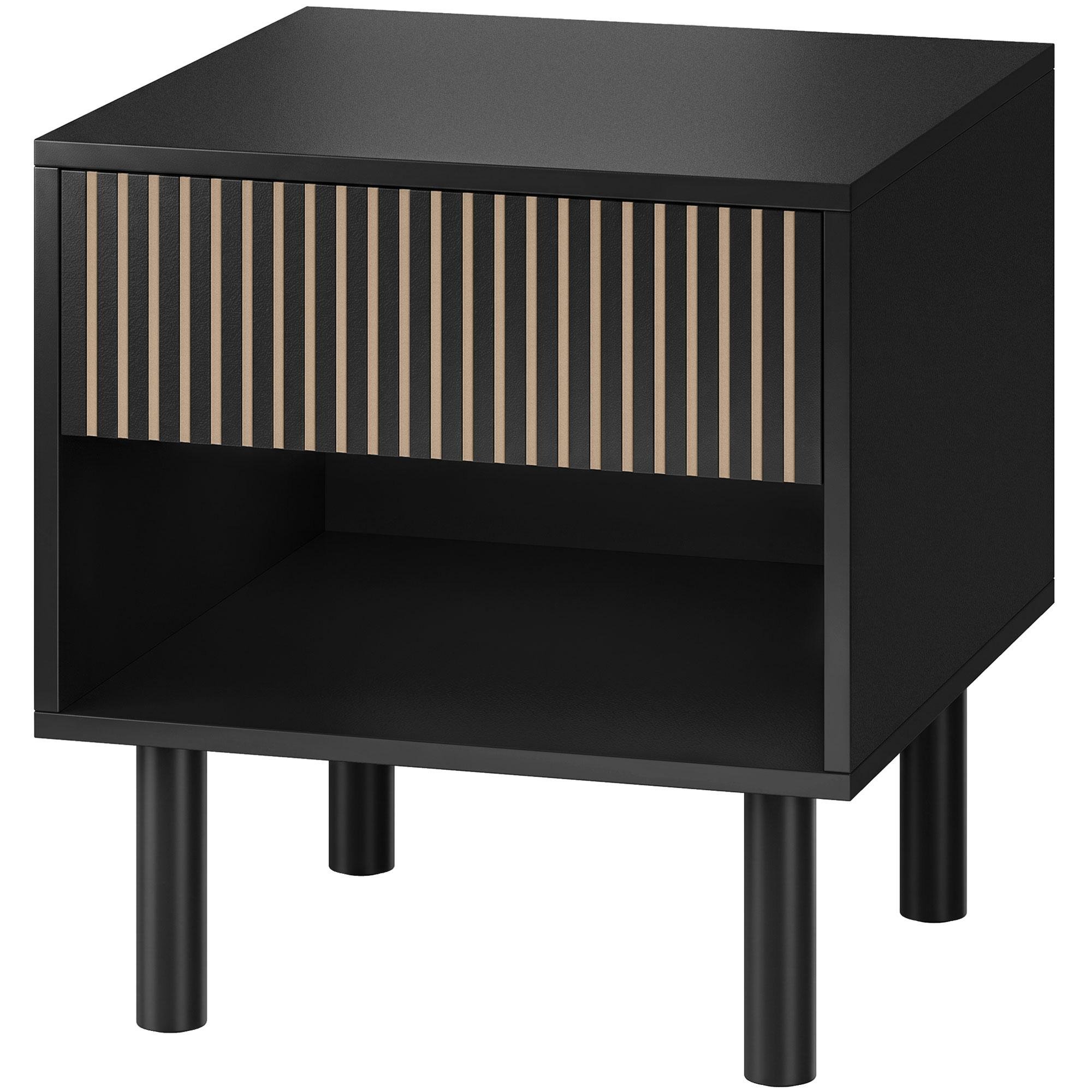 Black Slatted Bedside Table with Drawer and Open Shelf