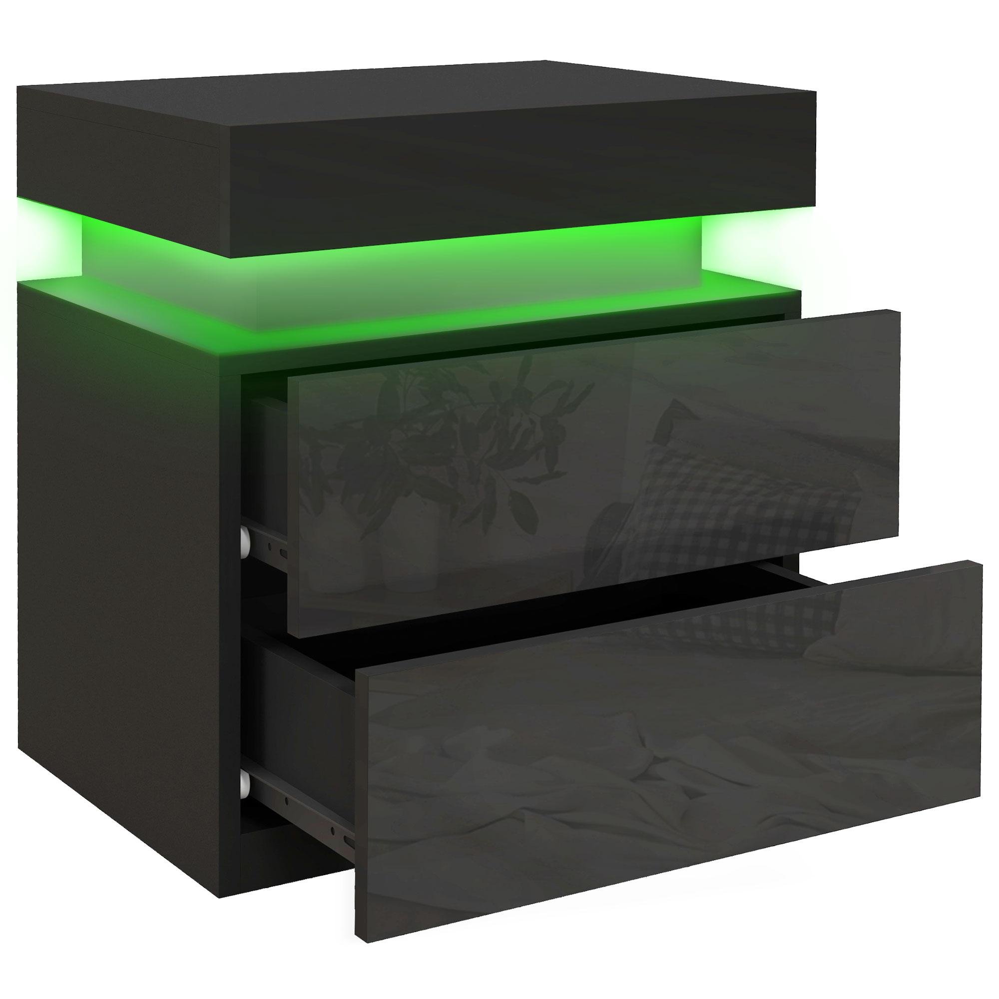 Black Melamine Bedside Table with LED Lighting, 2 Drawers