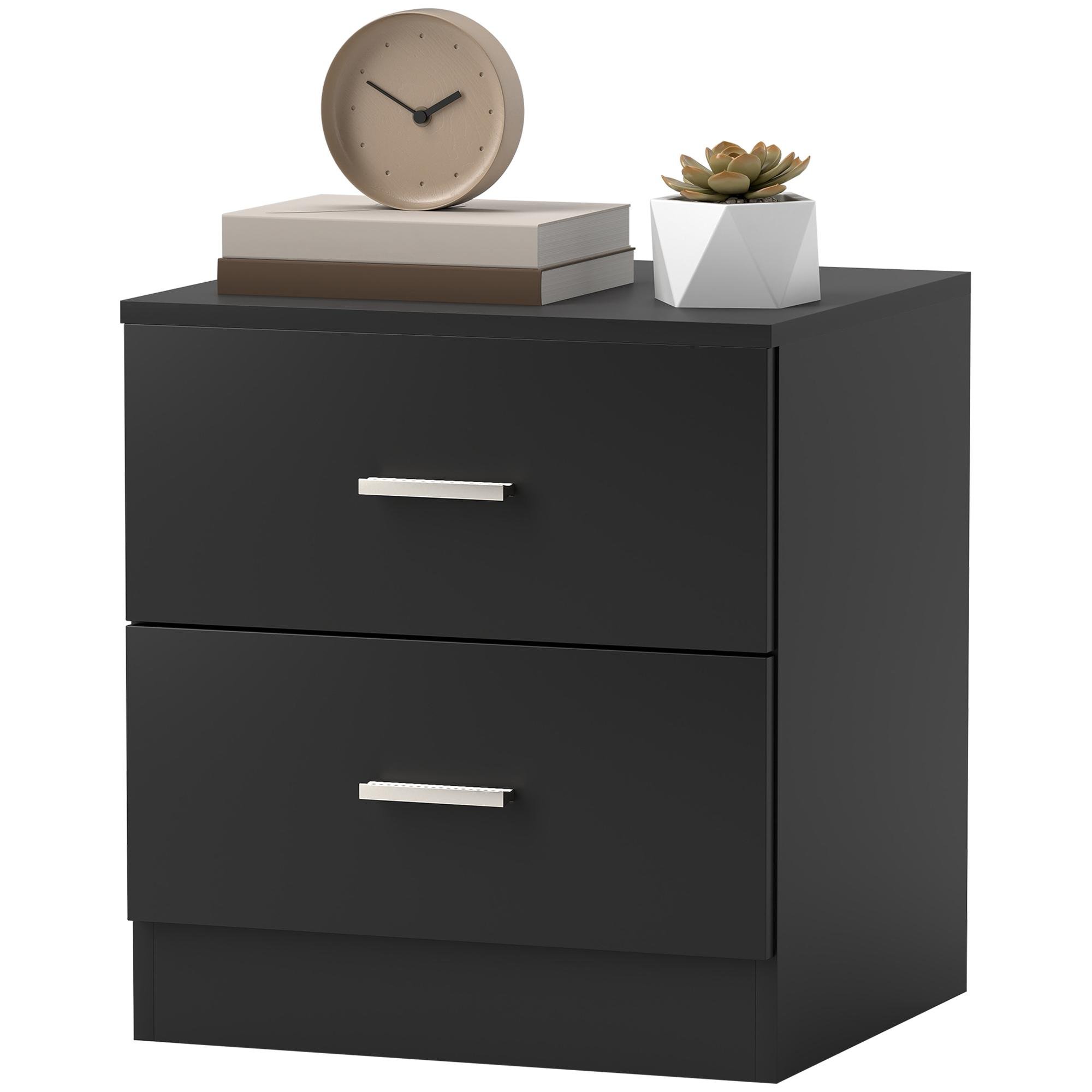 black engineered wood bedside table with 2 drawers