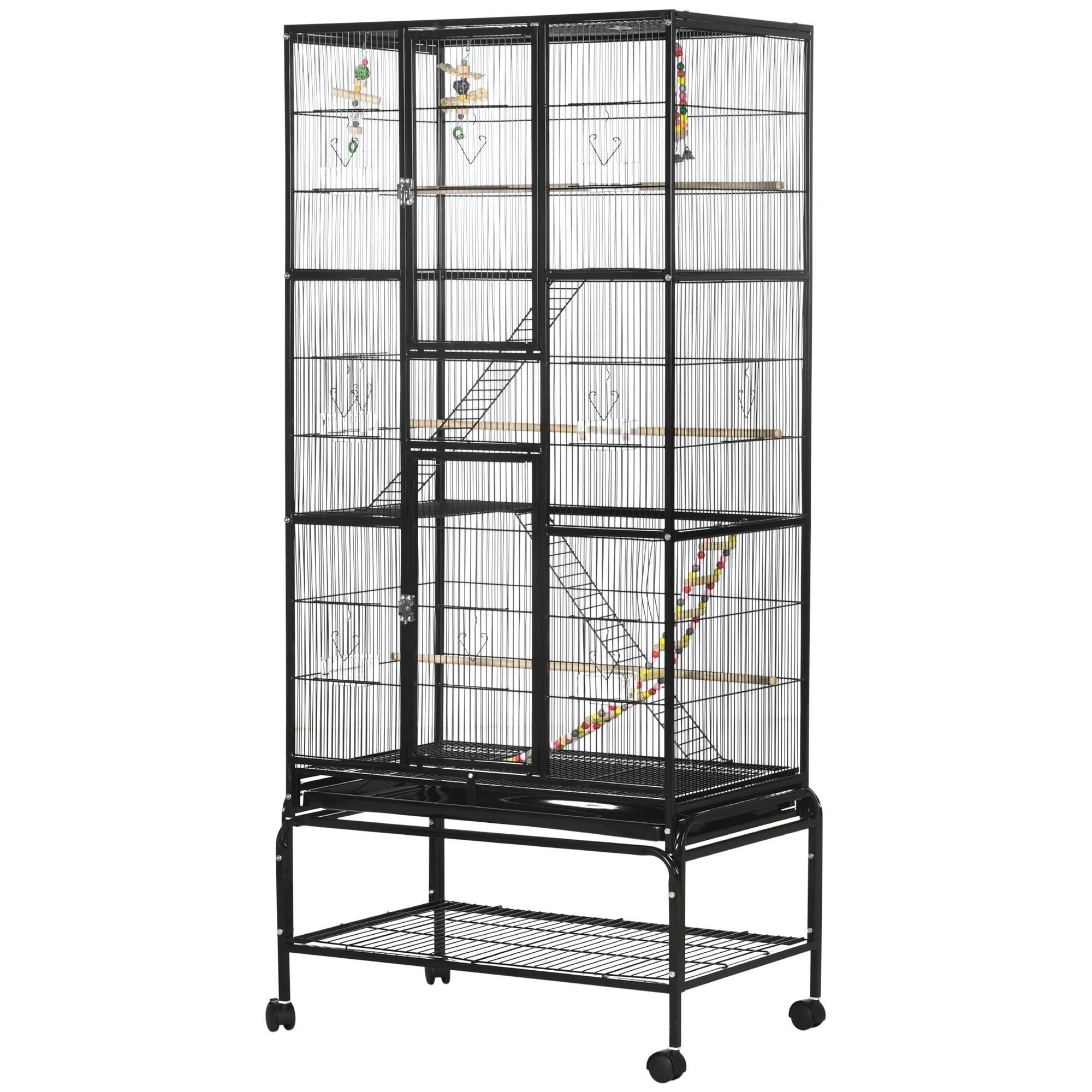 71 Inch Black Bird Cage with Perches and Wheels