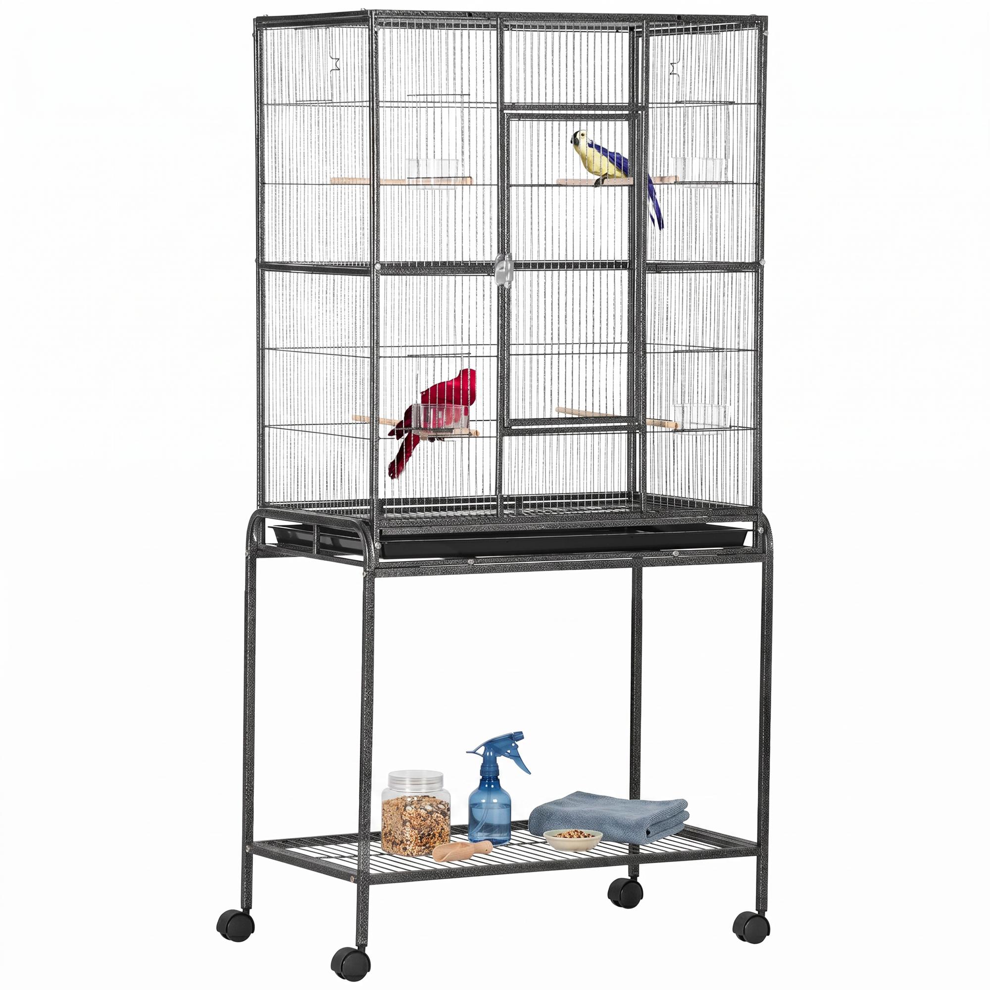 Black Bird Cage with Shelf, Rolling Stand