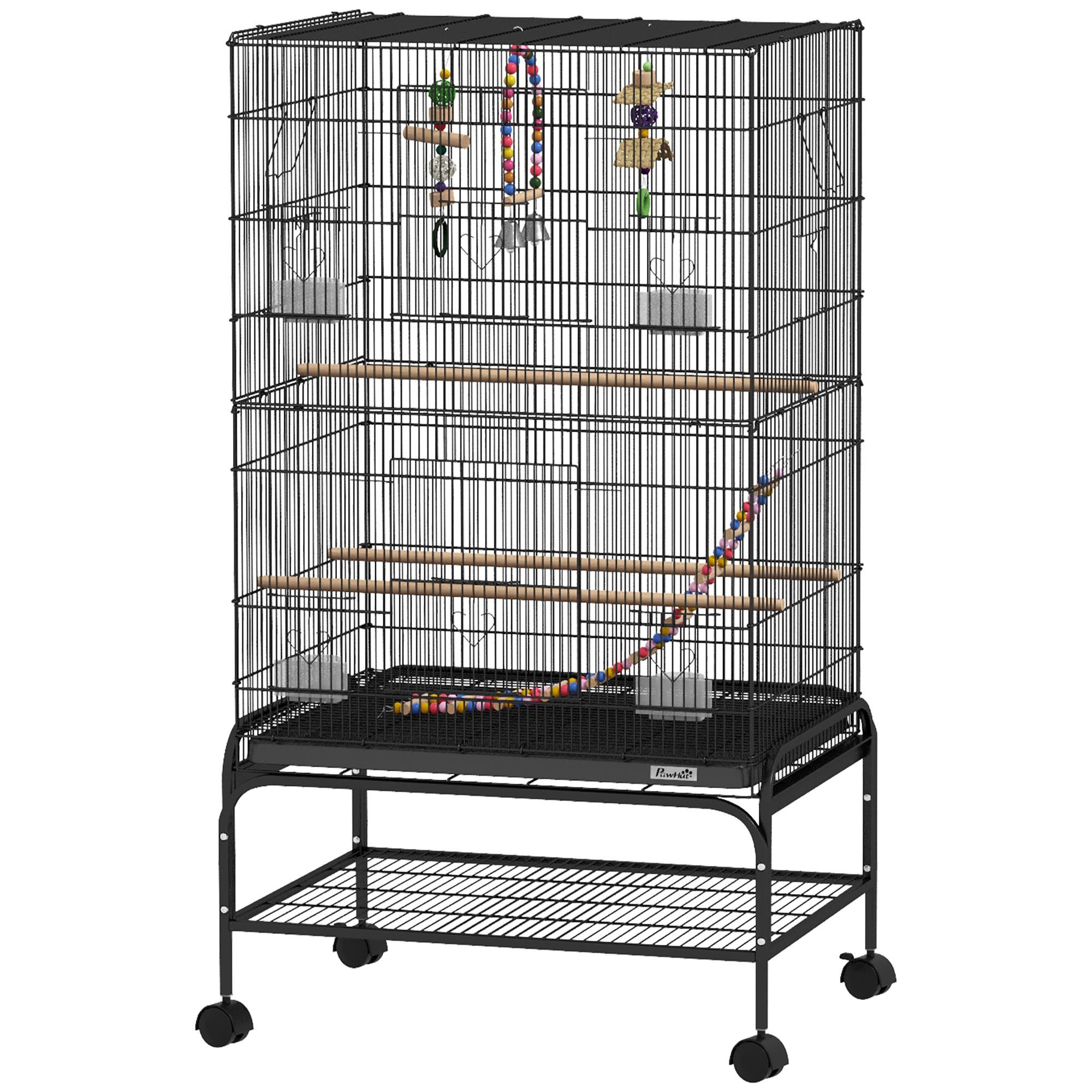 43 Inch Black Bird Cage with Toys and Rolling Stand