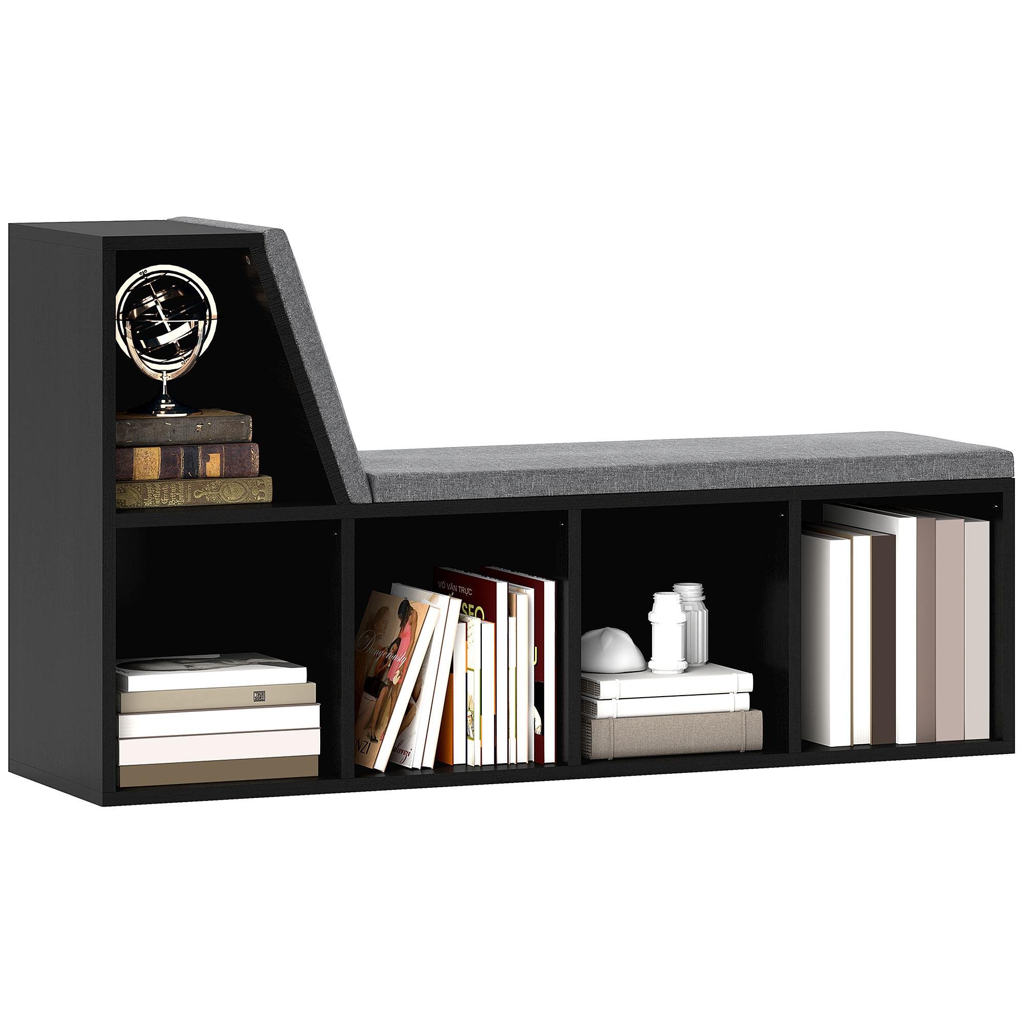 Black Cushioned Bookshelf with 5 Open Compartments