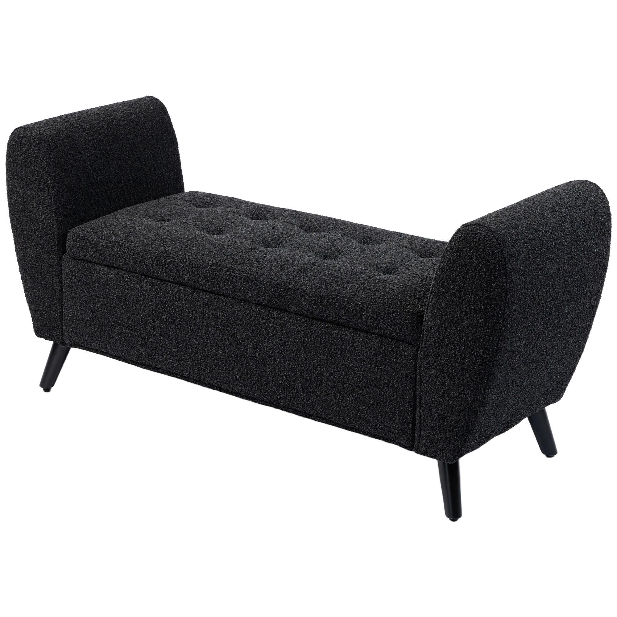 Black Boucle Storage Bench with Hidden Storage