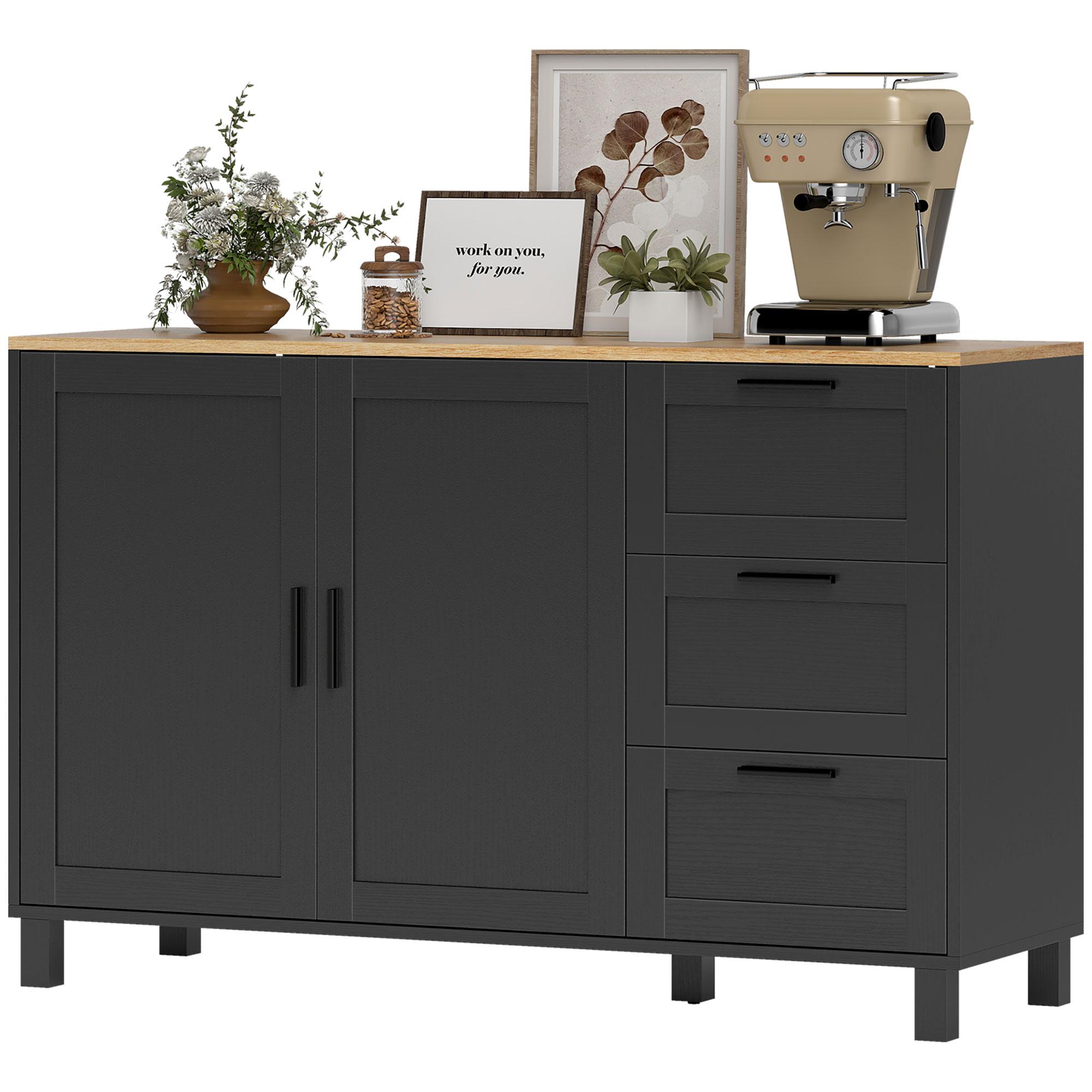Black Natural Top Buffet Cabinet with 3 Drawers, 47.2-Inch