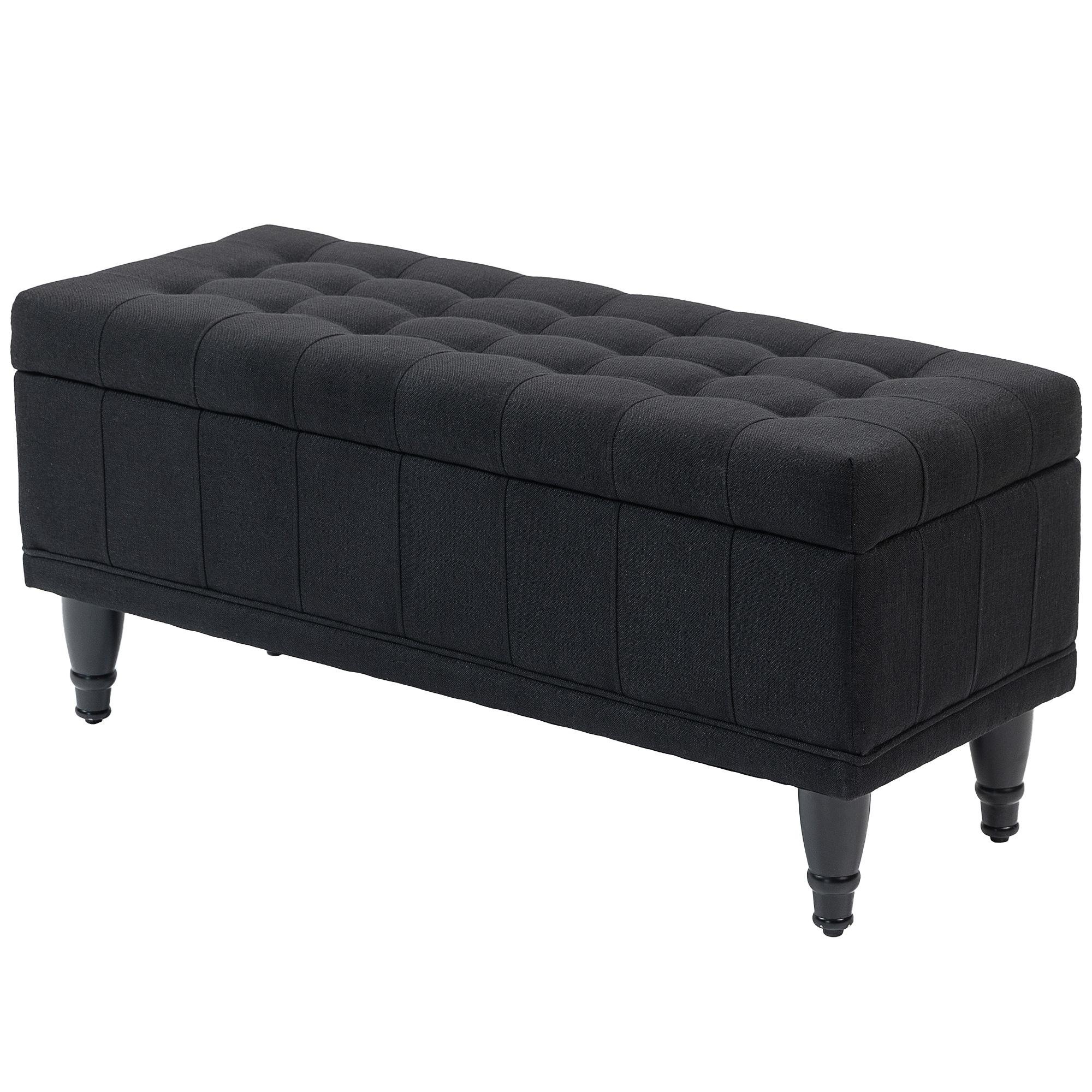 Black Linen Storage Bench with Button-Tufted Seat