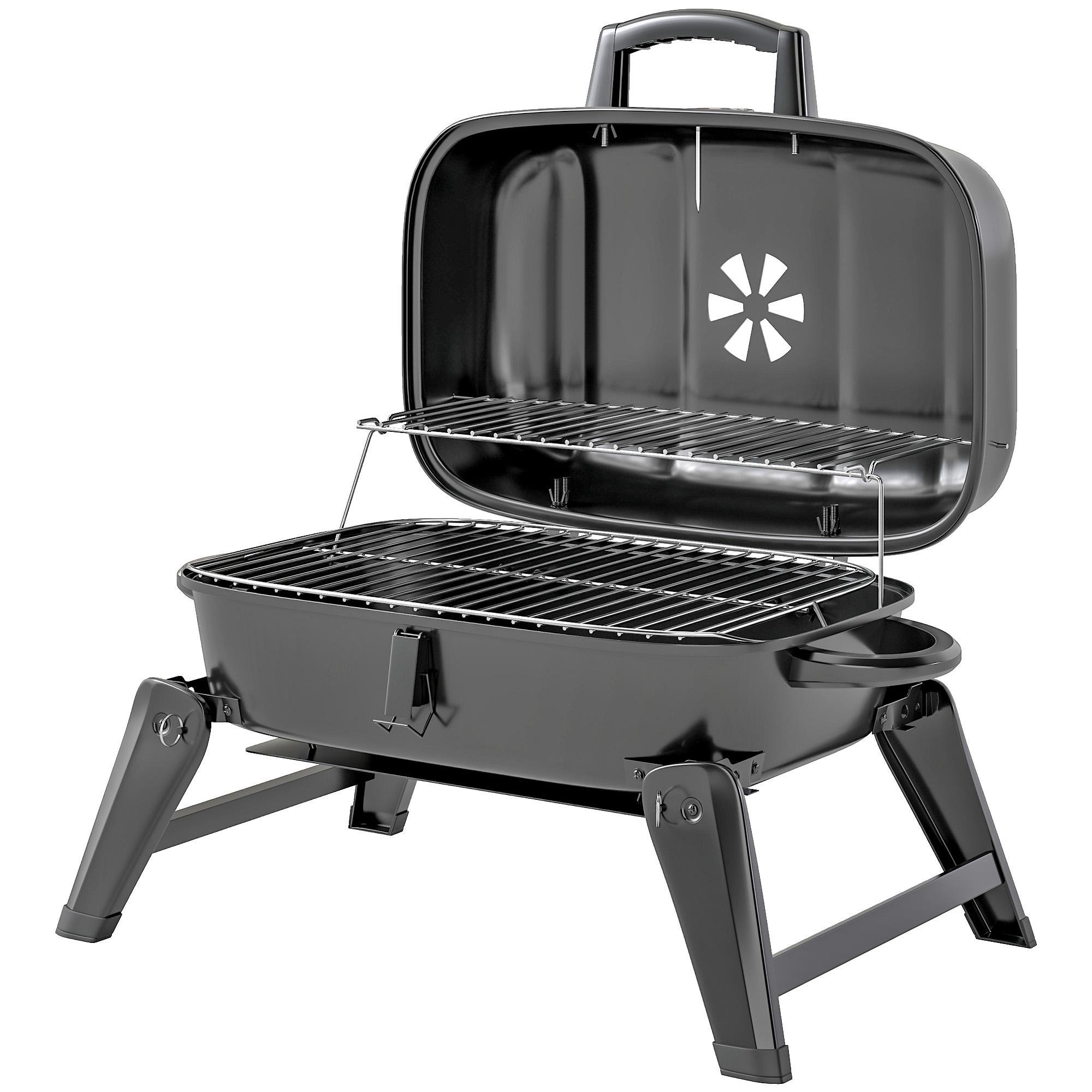 Black Foldable Charcoal Barbecue with Warming Rack