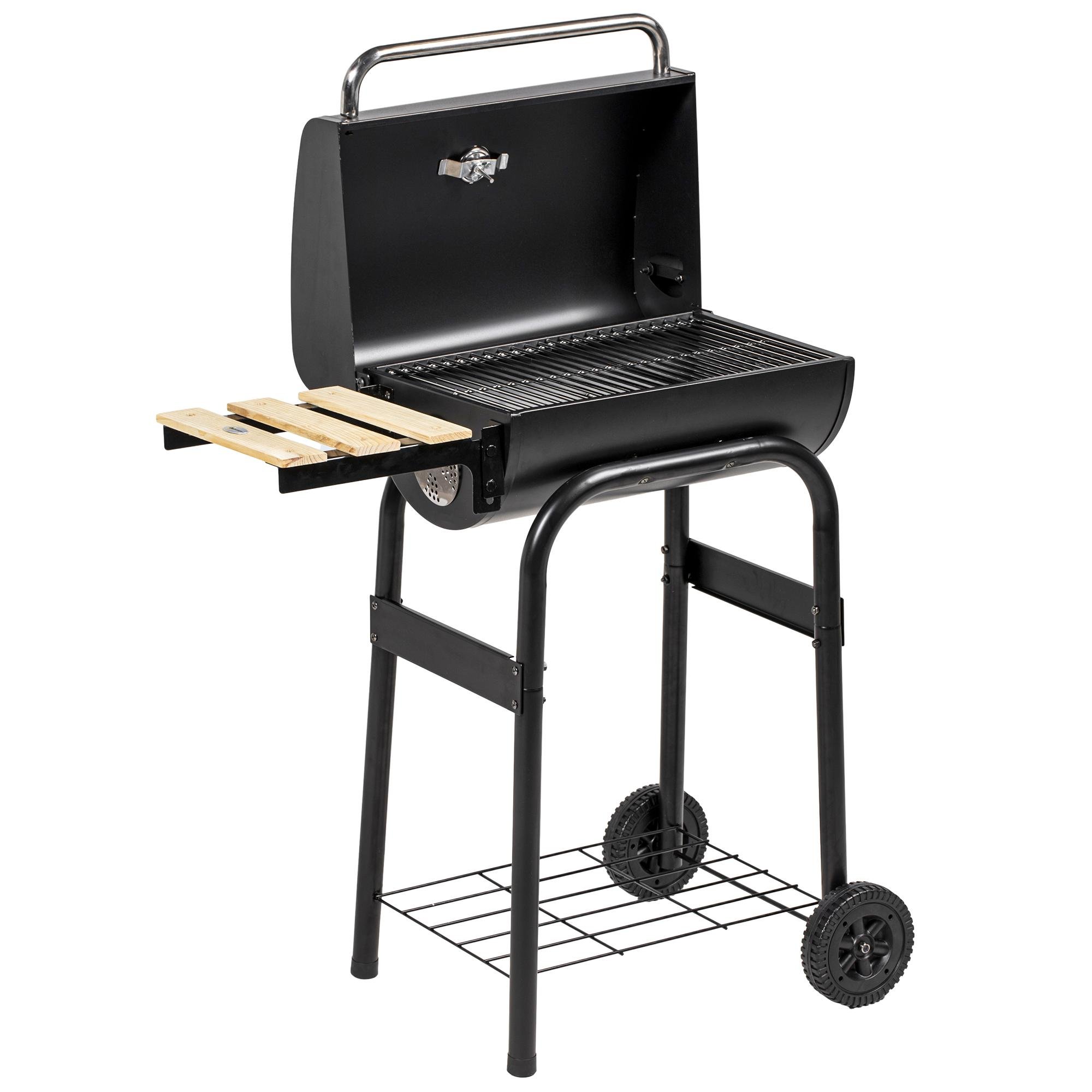 Black Charcoal Grill with Shelves and Thermometer