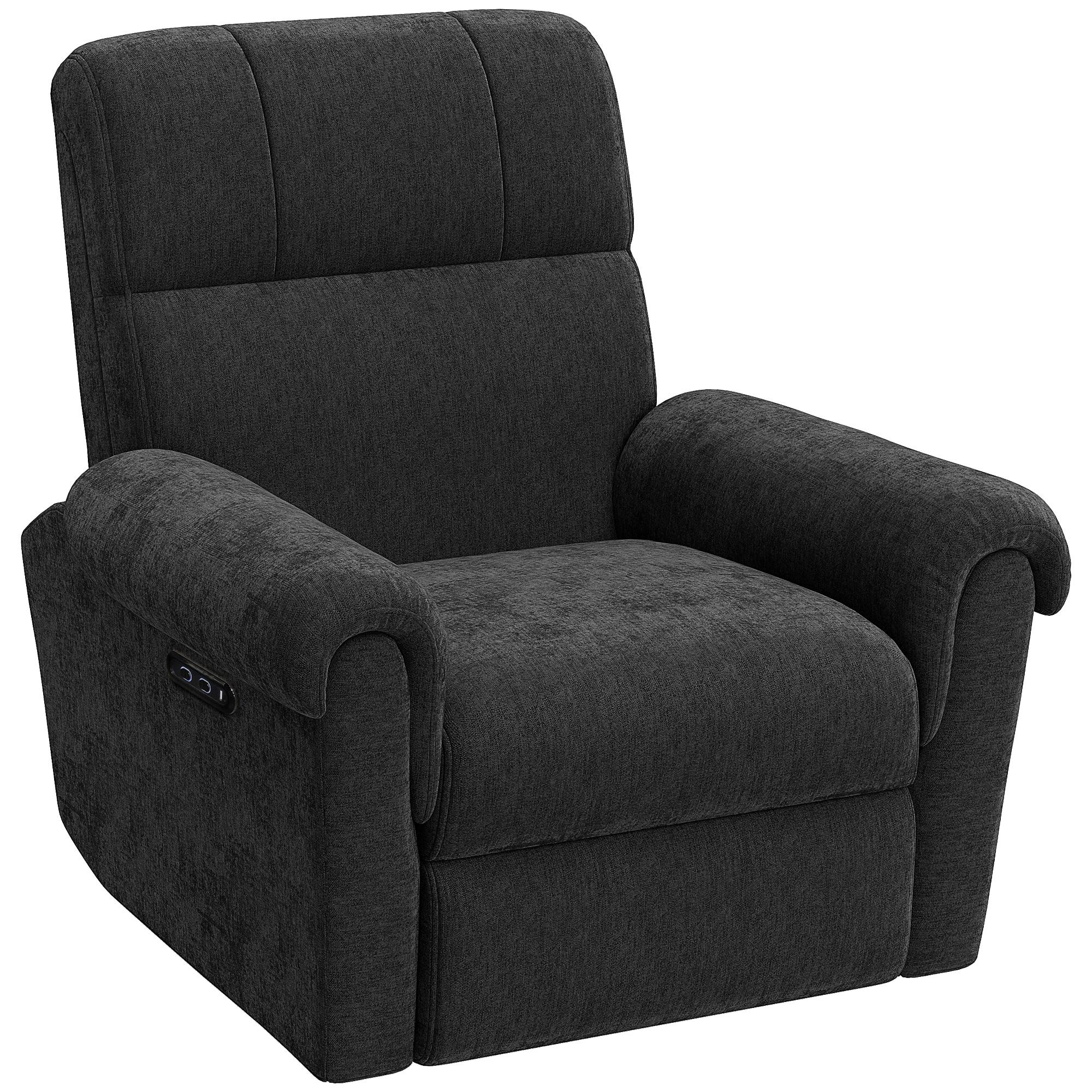 Black Chenille Power Recliner with USB Ports, 120° Recline