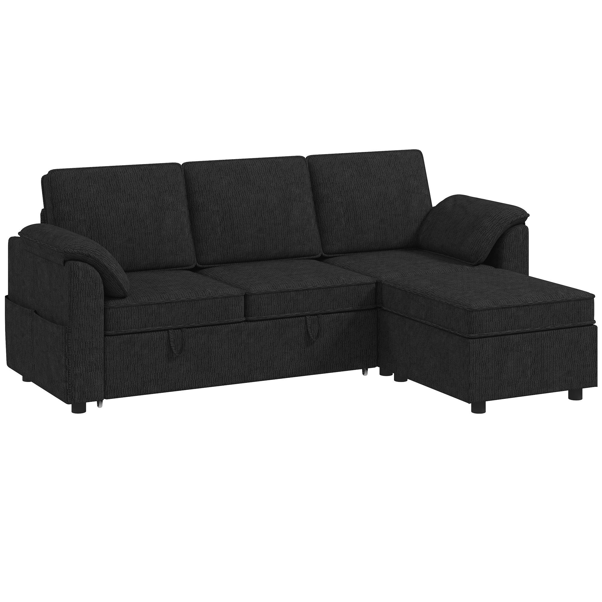 Black Chenille Sectional Sofa Bed with Reversible Ottoman