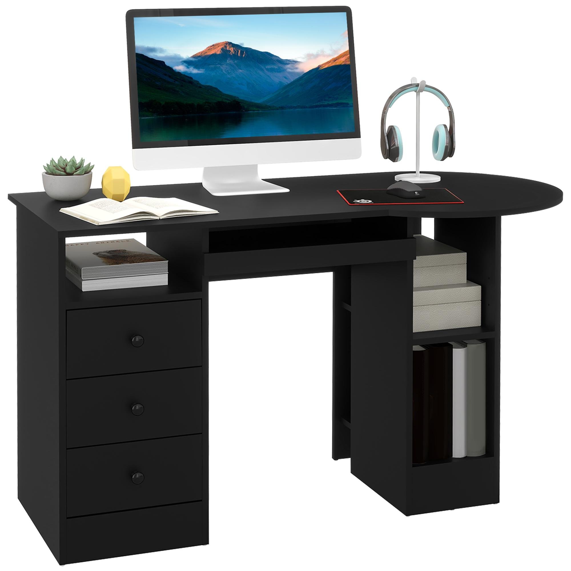 Black Curved Storage Desk with Shelves and Drawers