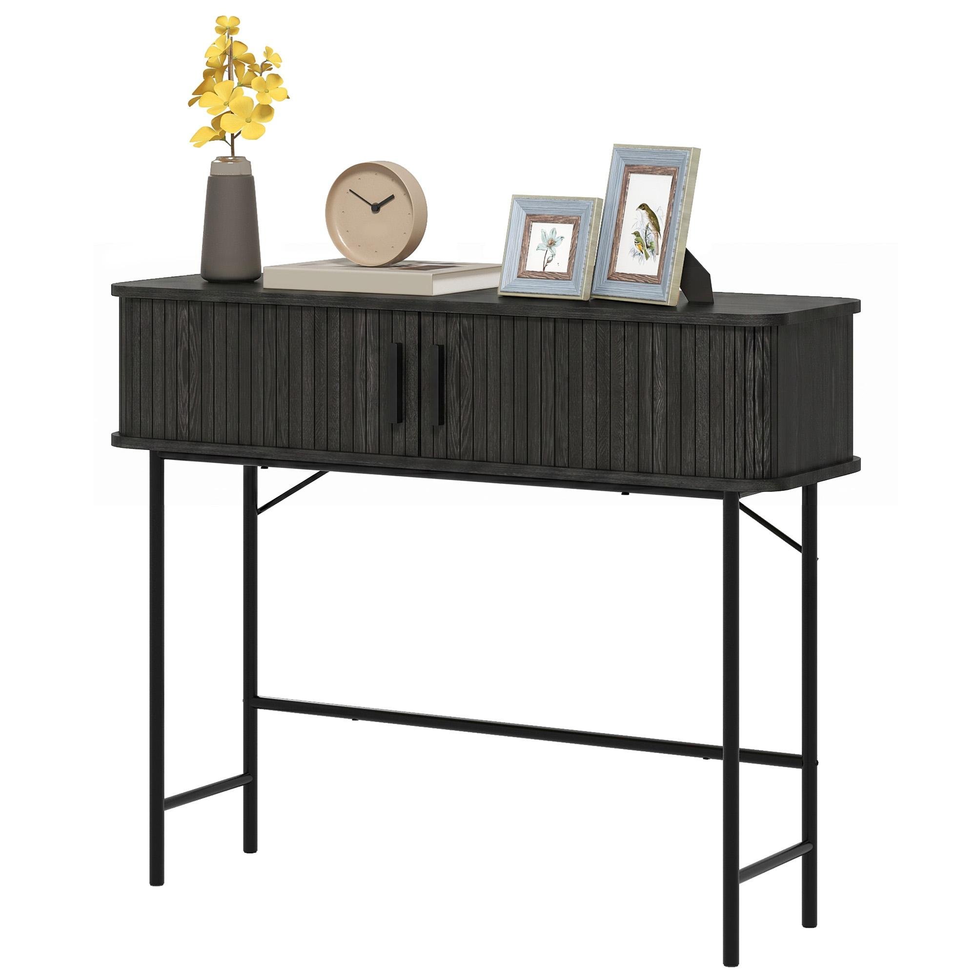 Black Tambour Console Table with Storage, 39.4-Inch Narrow Design
