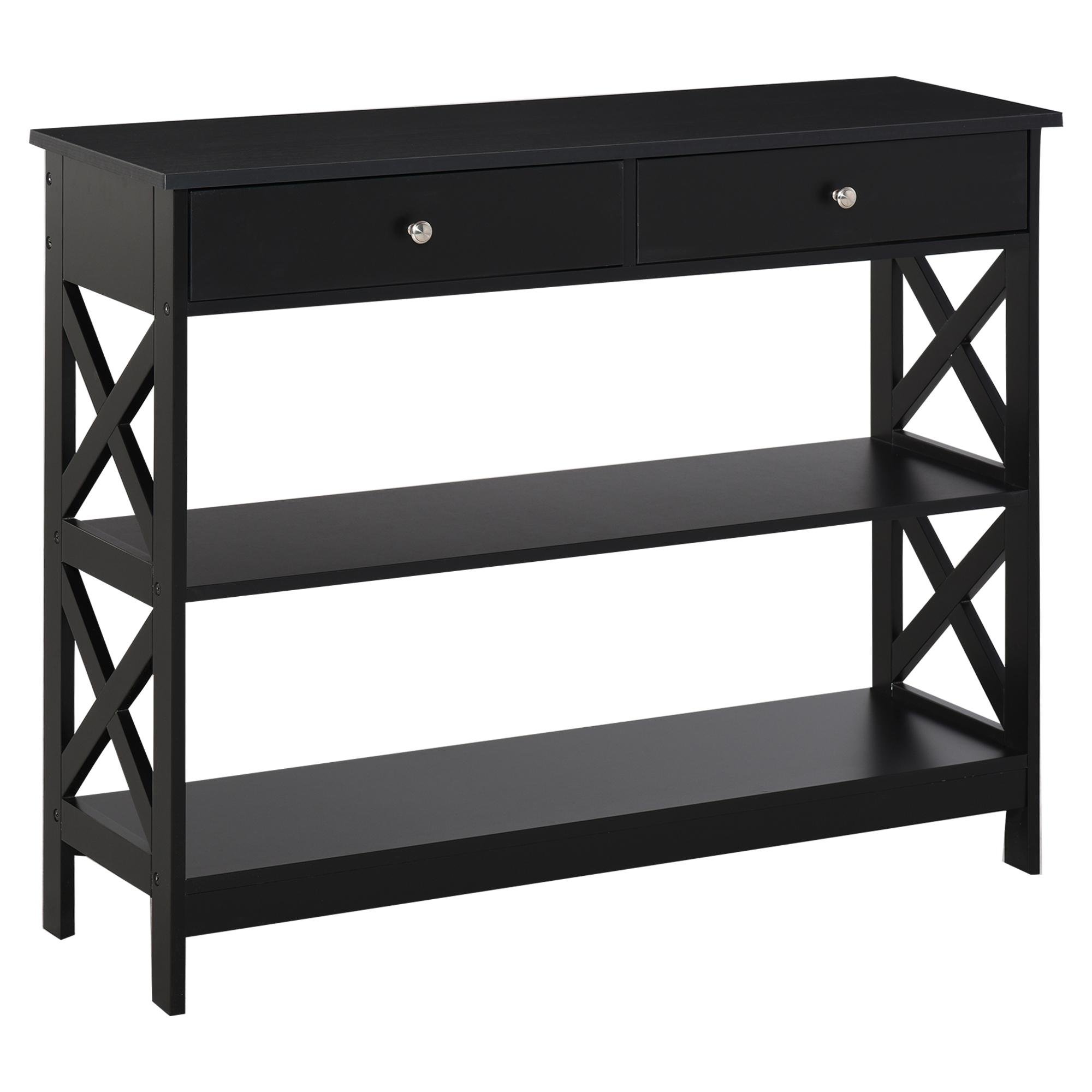 Black Engineered Wood Console Table with Drawers and Shelves