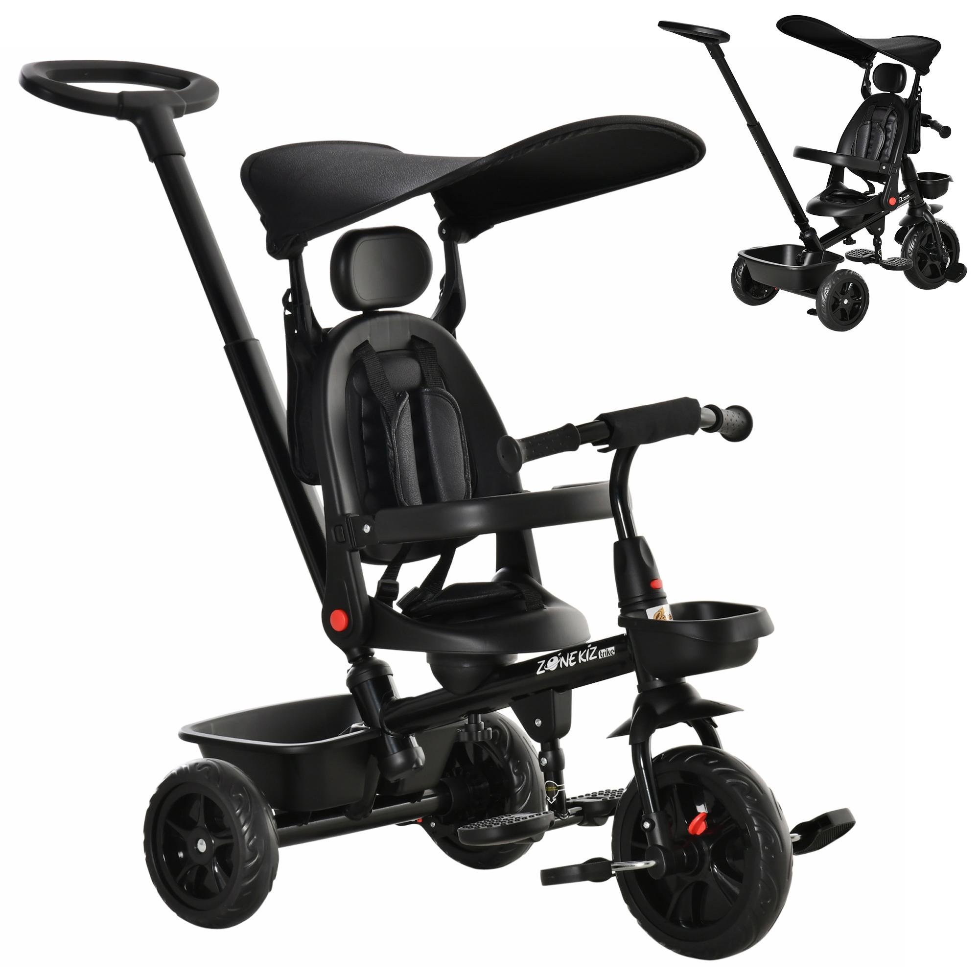Black Adjustable Toddler Tricycle with Parent Push Handle