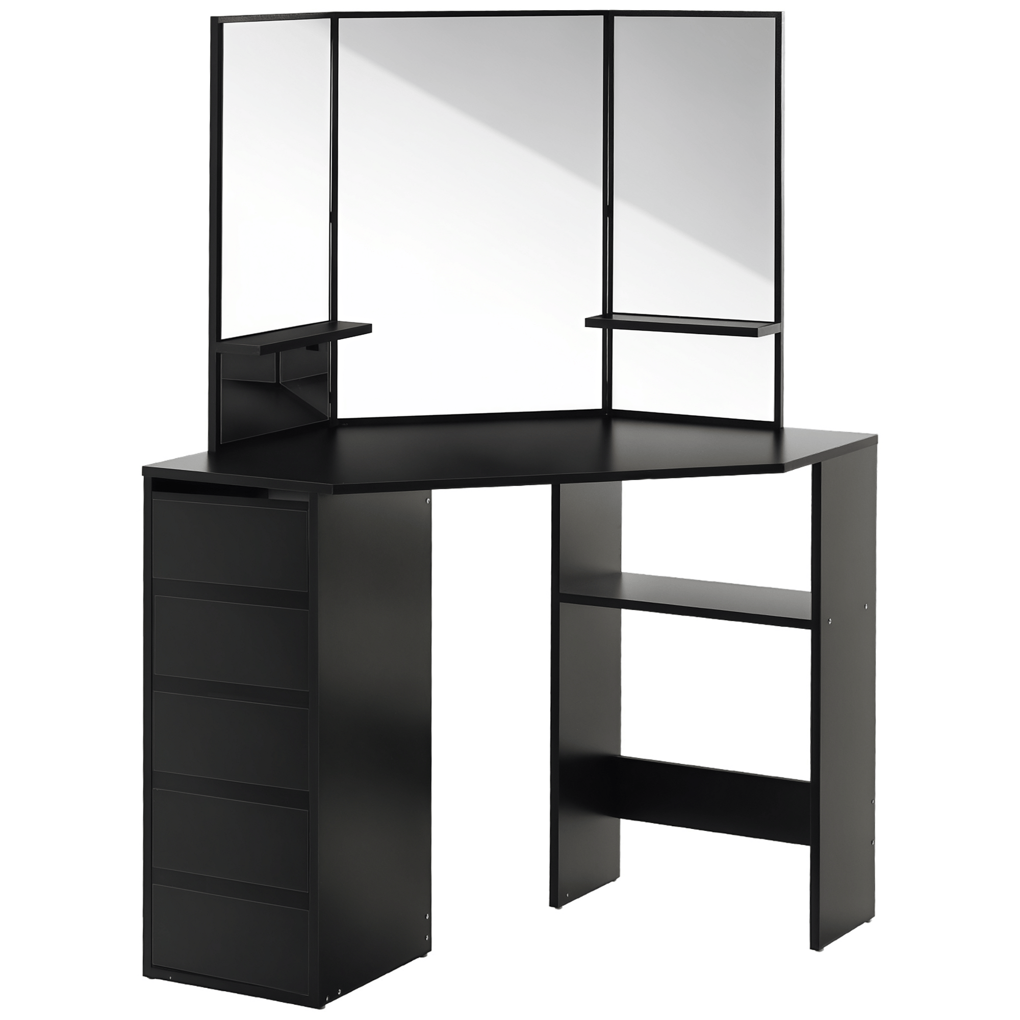 Black Corner Makeup Vanity with 5 Drawers and 3 Mirrors