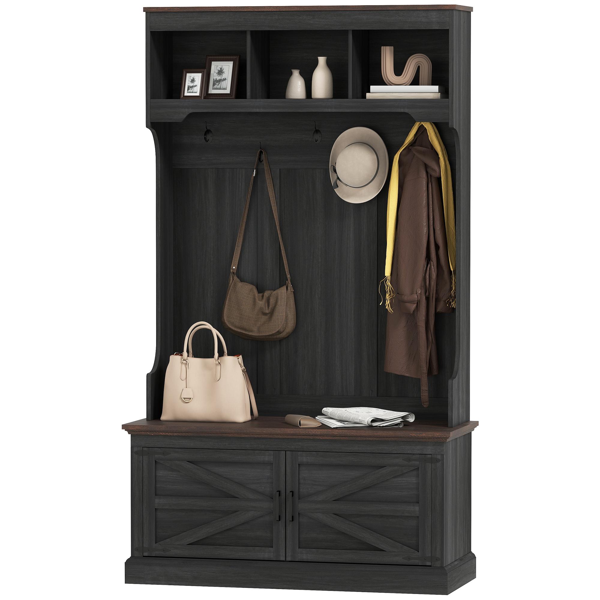 Black Distressed Hall Tree with Bench and Shoe Storage