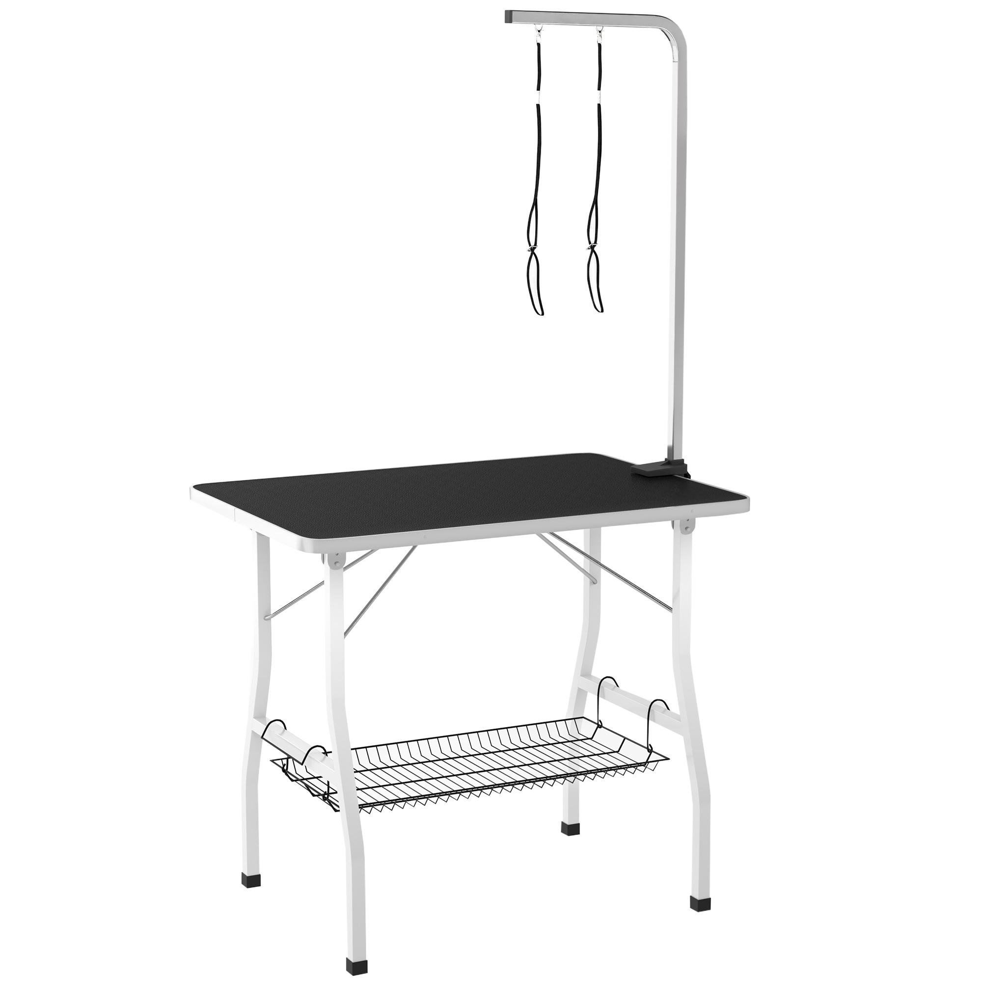 Black Dog Grooming Table with Adjustable Arm and Mesh Tray