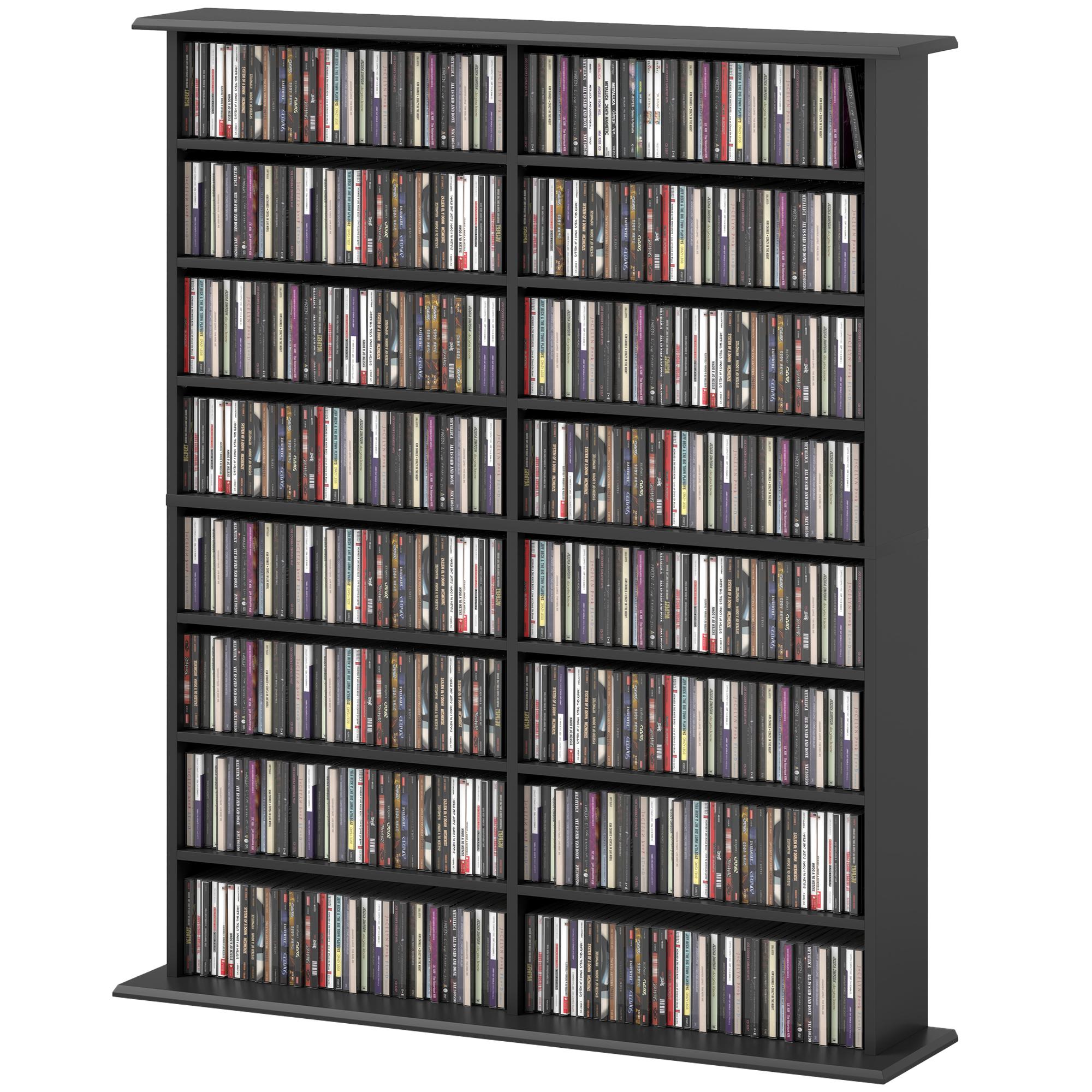 Black Double Media Shelf with 12 Adjustable Shelves