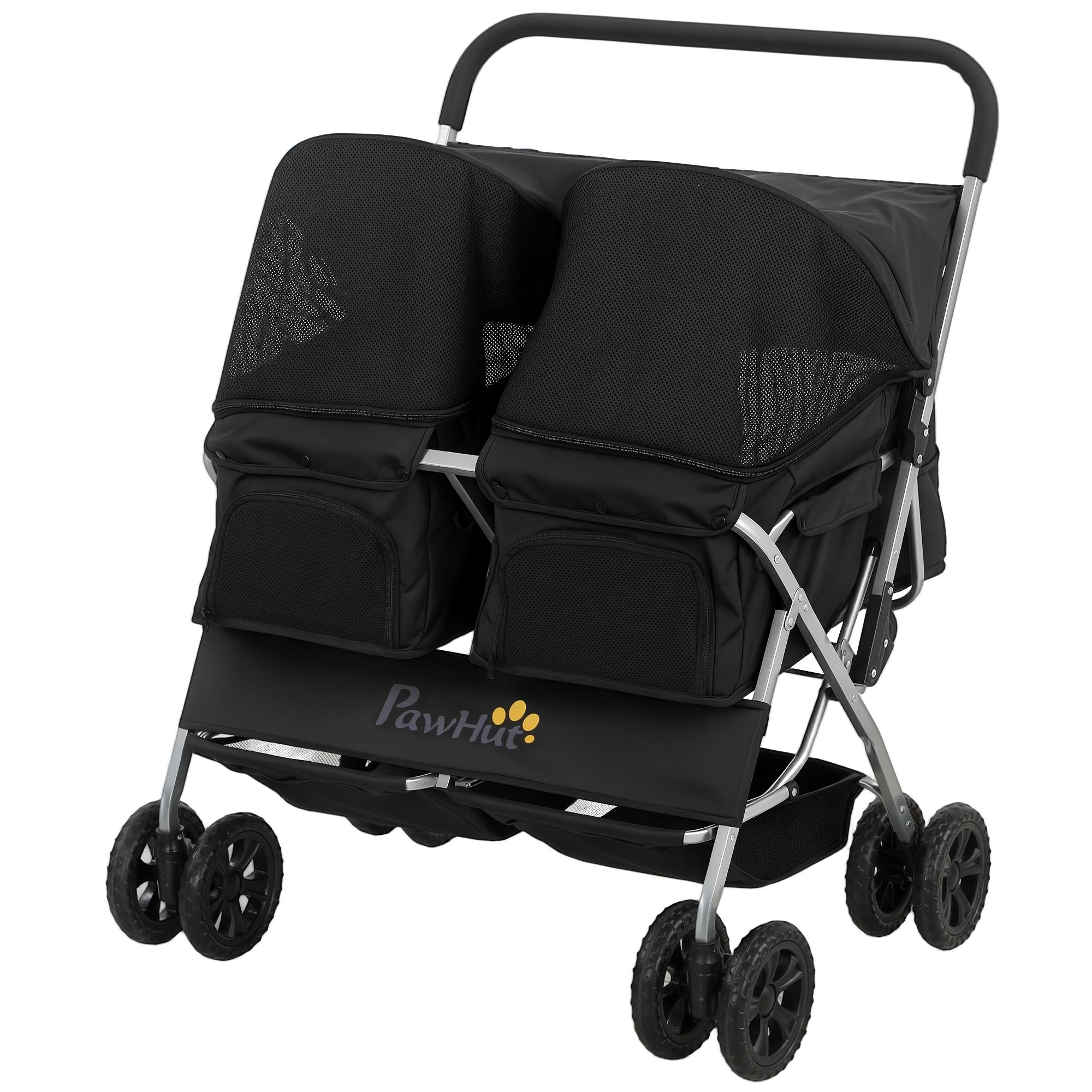 Black Double Pet Stroller with Two Compartments for Small Pets
