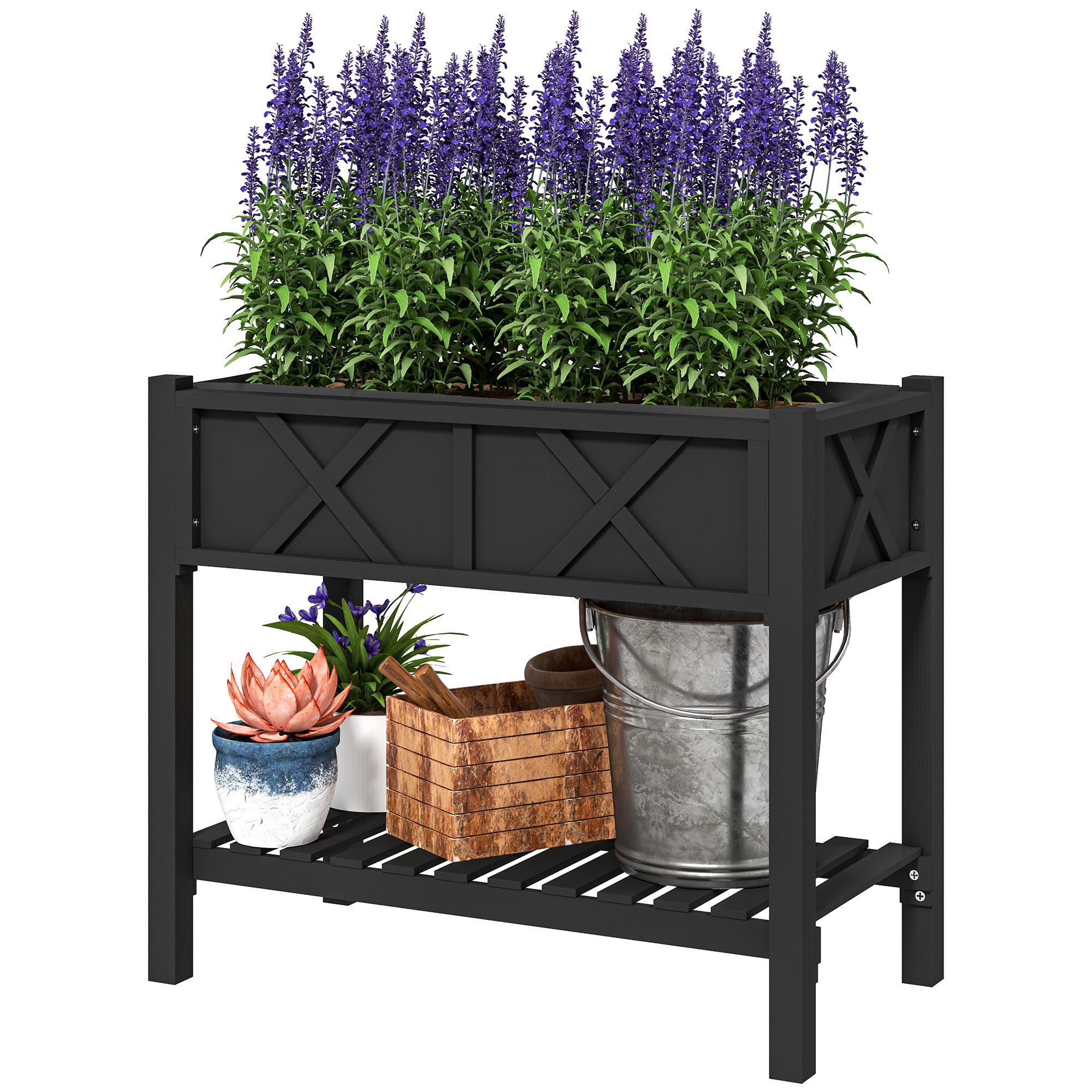 Black Fir Elevated Planter with Storage Shelf, 33.9 x 17.7 x 29.1 in