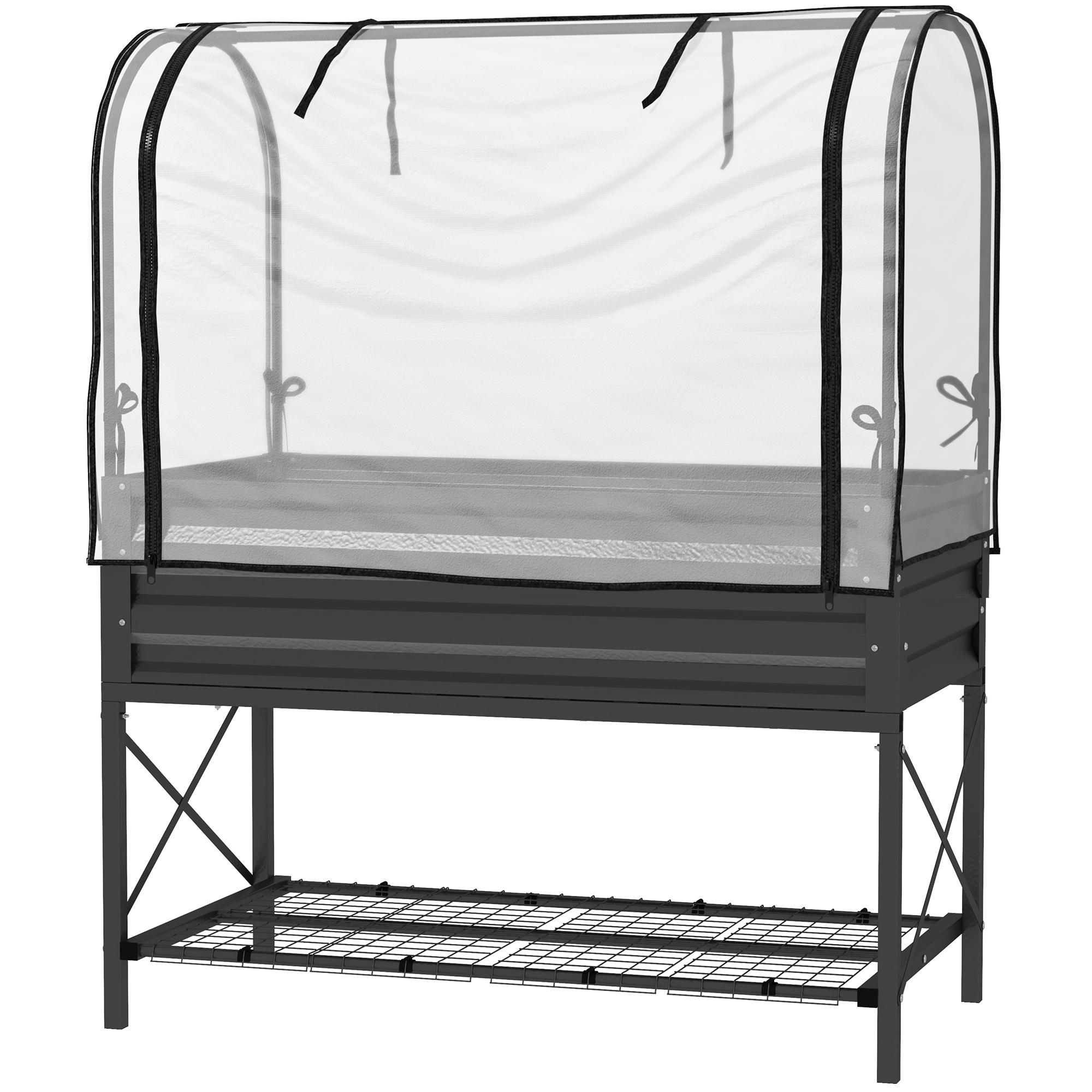 Black Covered Metal Planter with Raised Bed and Shelf
