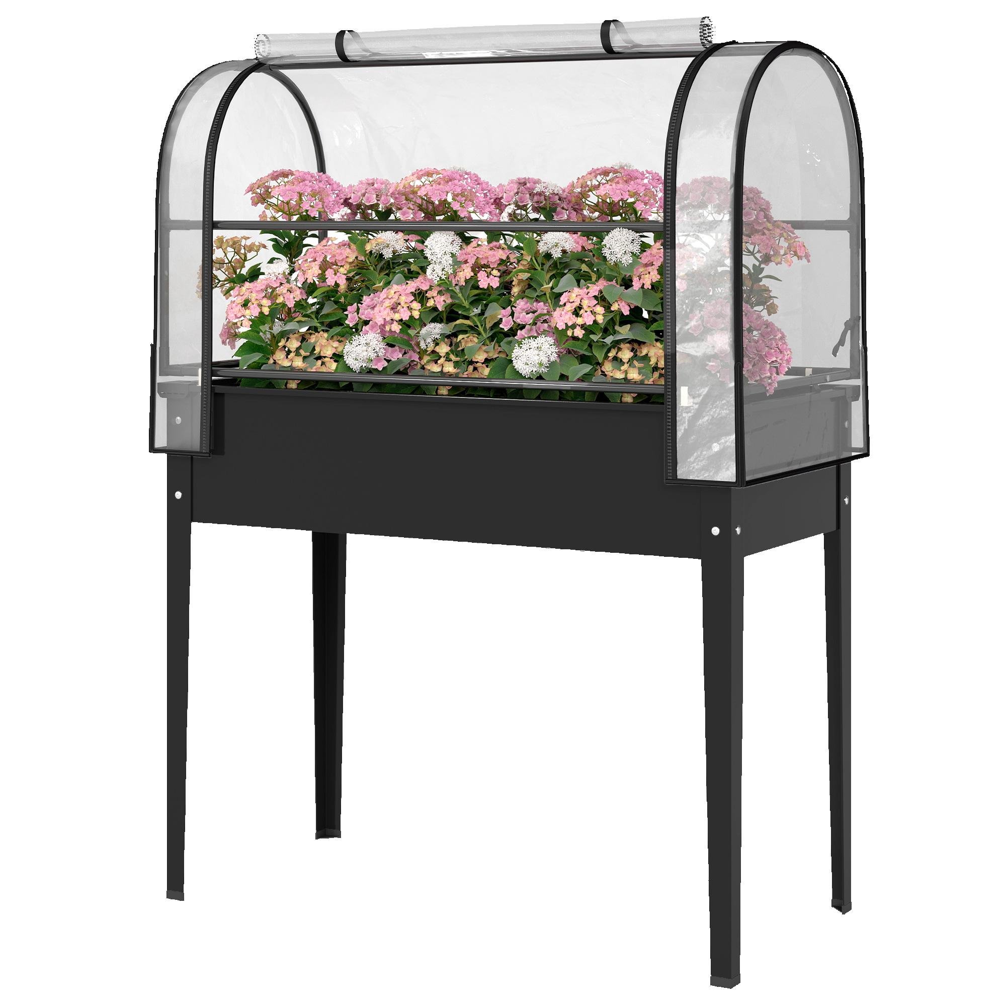 Black Elevated Greenhouse Garden Bed with Flip-Up Cover