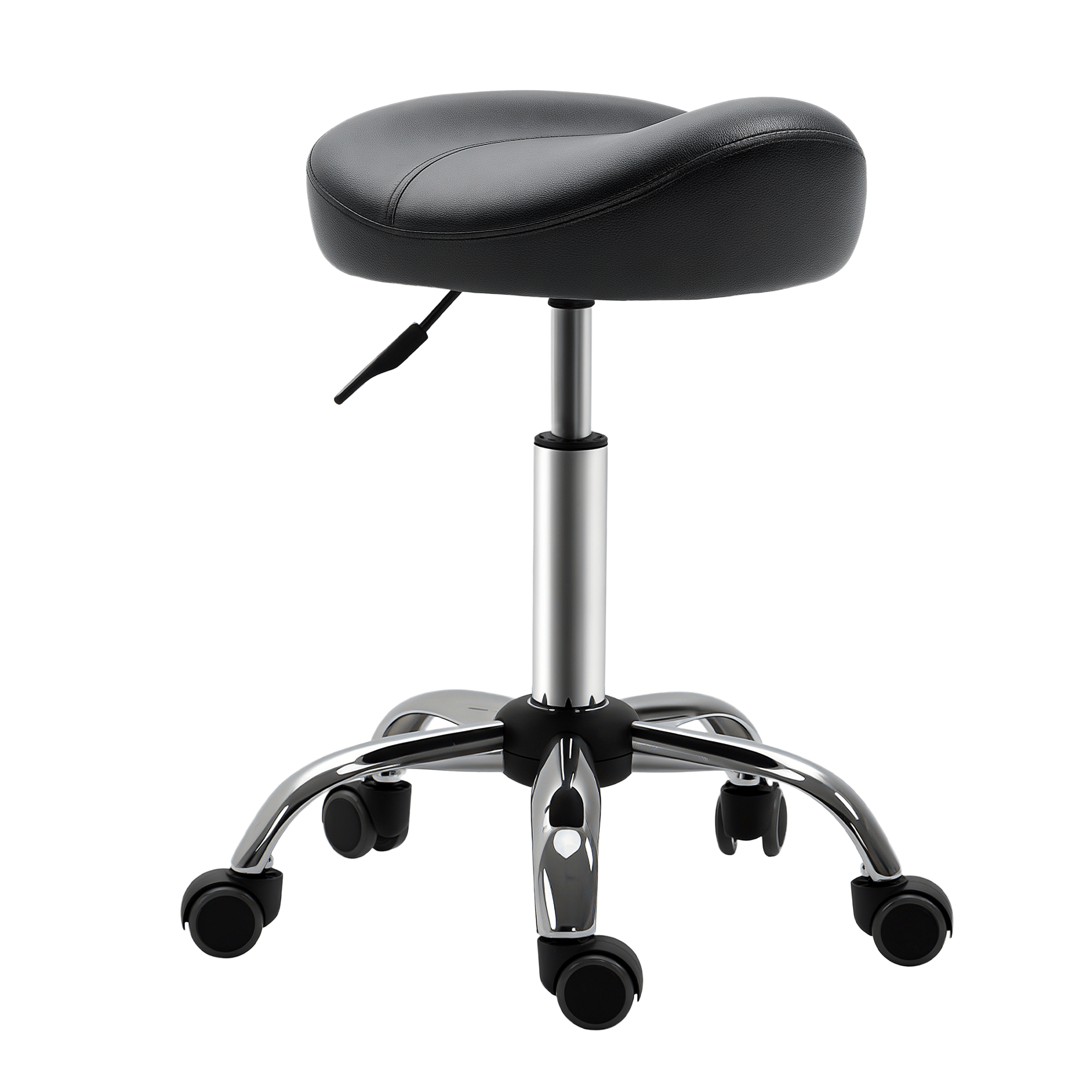 Black Ergonomic Saddle Stool, Adjustable Rolling Salon Seat