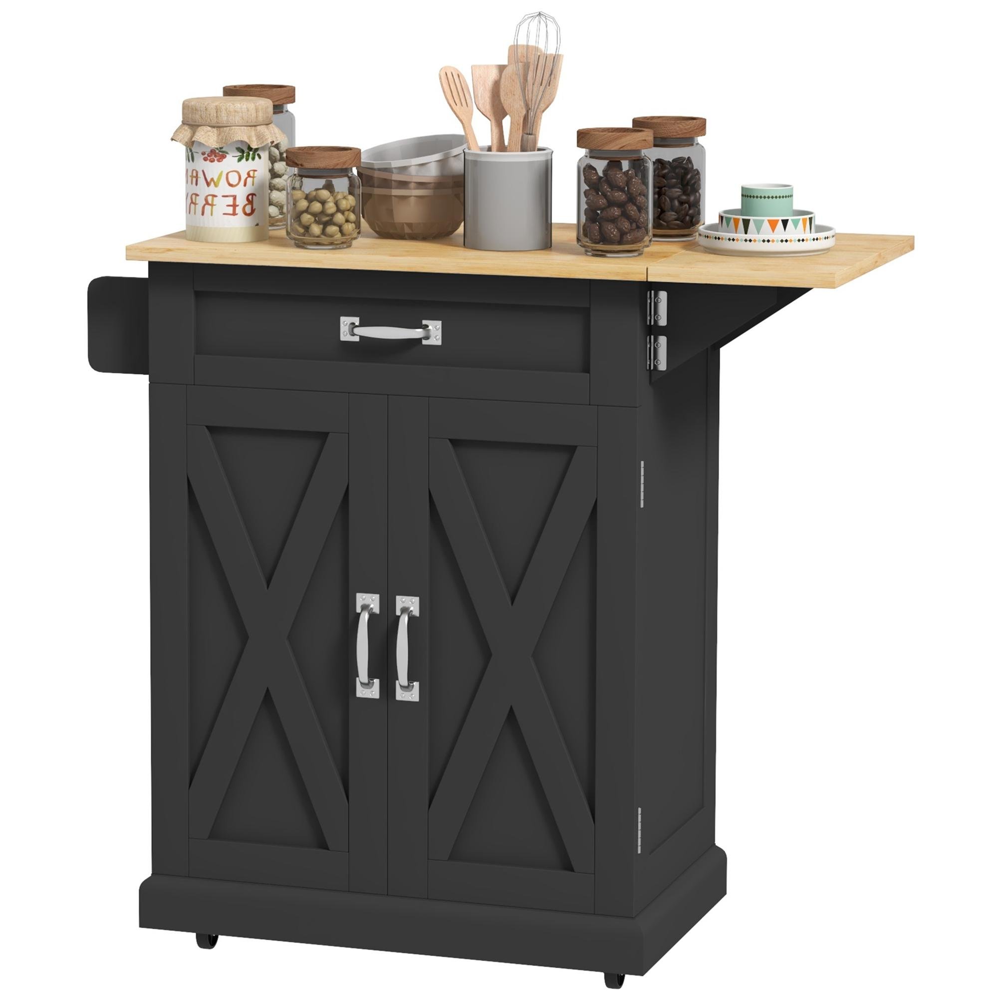 Black Farmhouse Utility Cart with Drop-Leaf Top