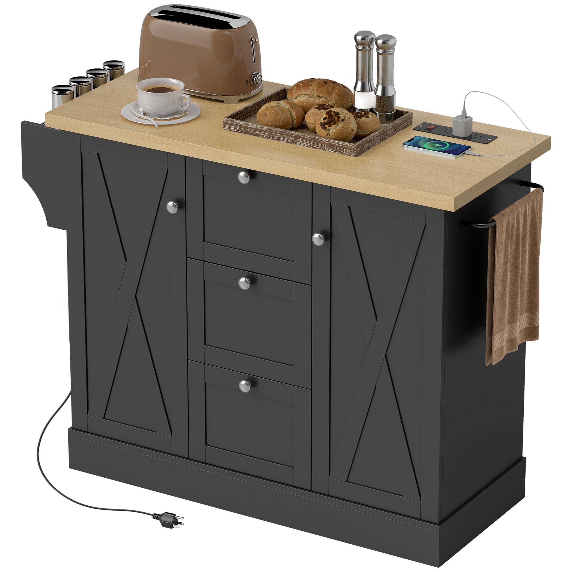 Black Farmhouse Island with Outlets, 49.2 in Kitchen Cart