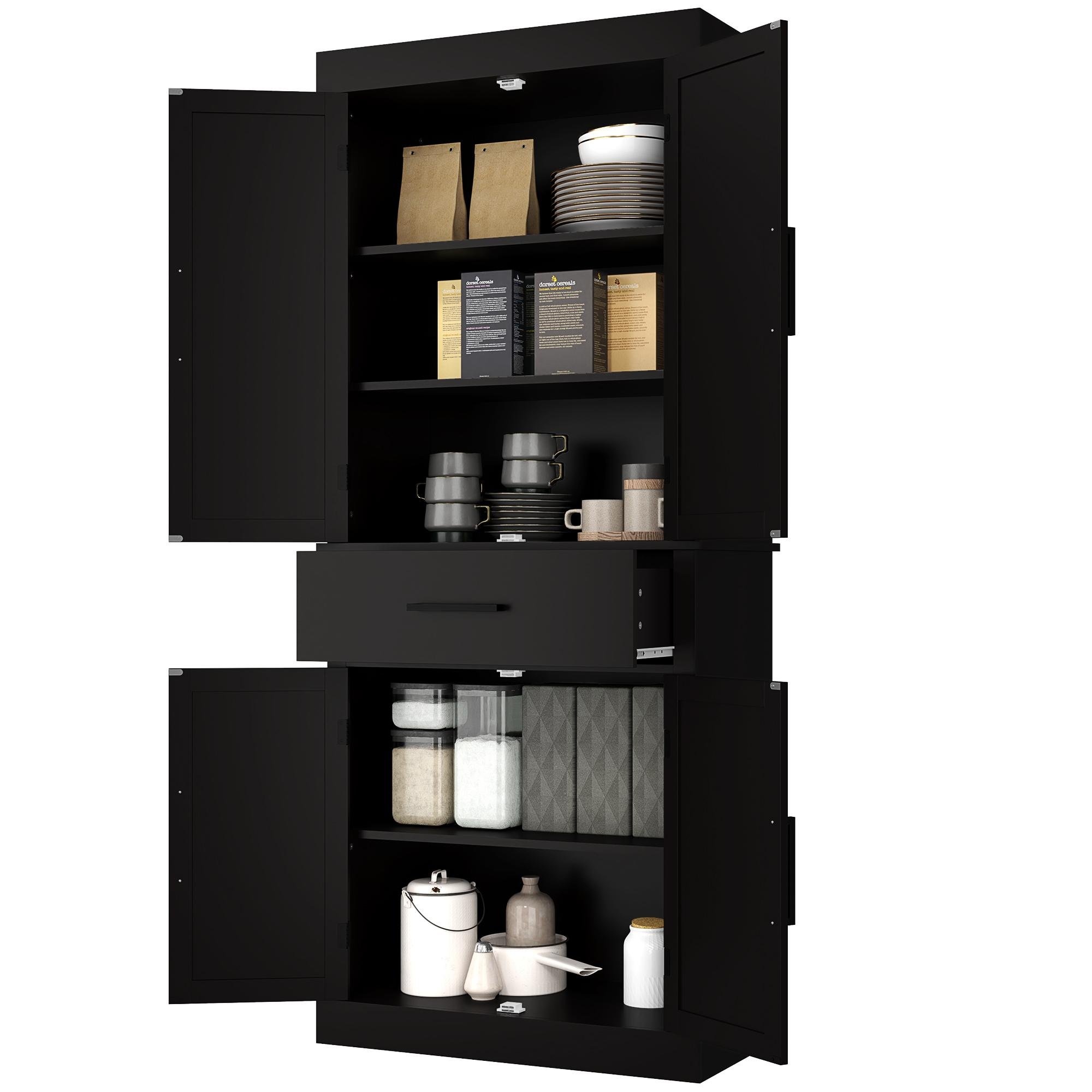 Black Farmhouse Pantry Cabinet with Adjustable Shelves, 72 in