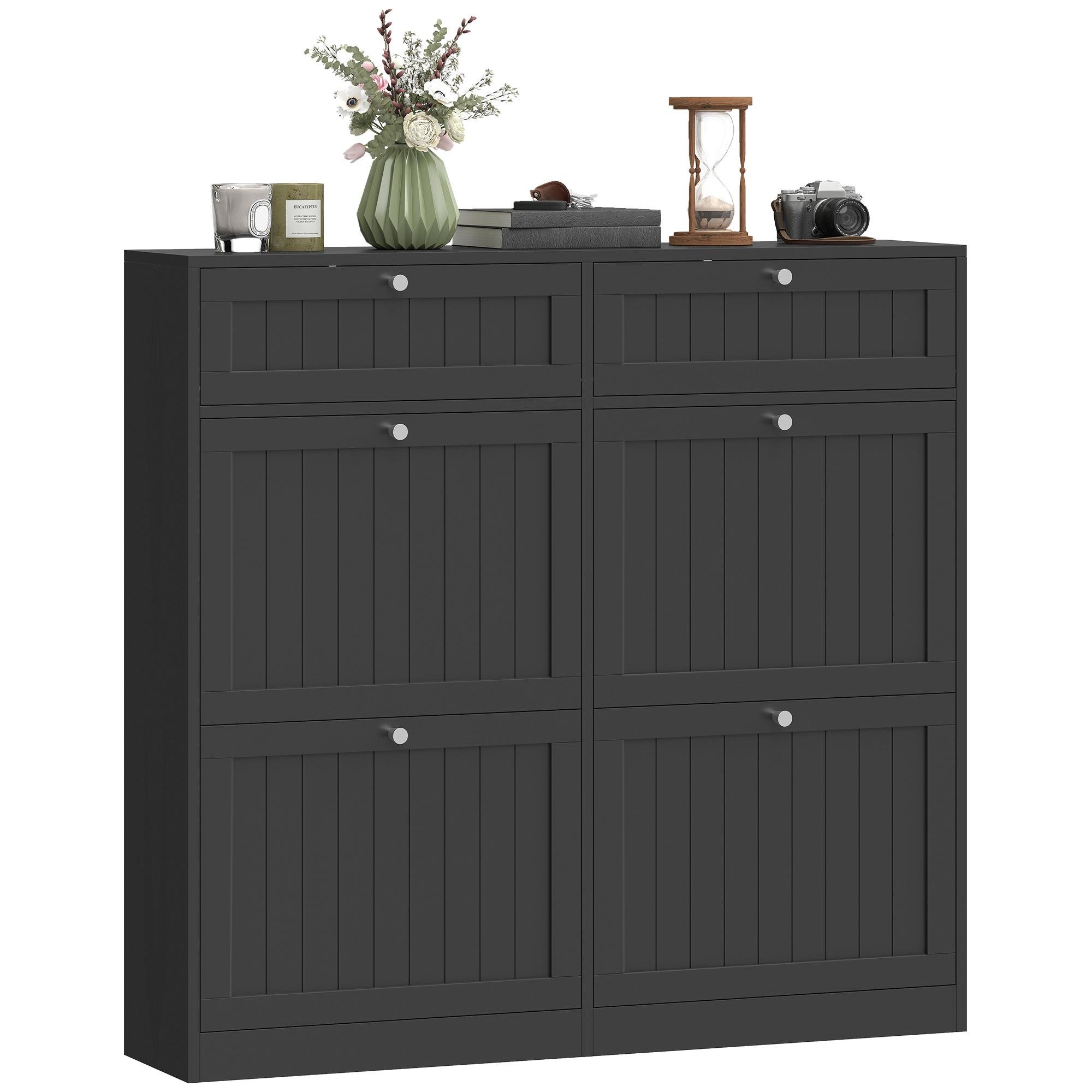 Black 20 Pair Farmhouse Cabinet, Narrow Flip-Drawer Shoe Storage