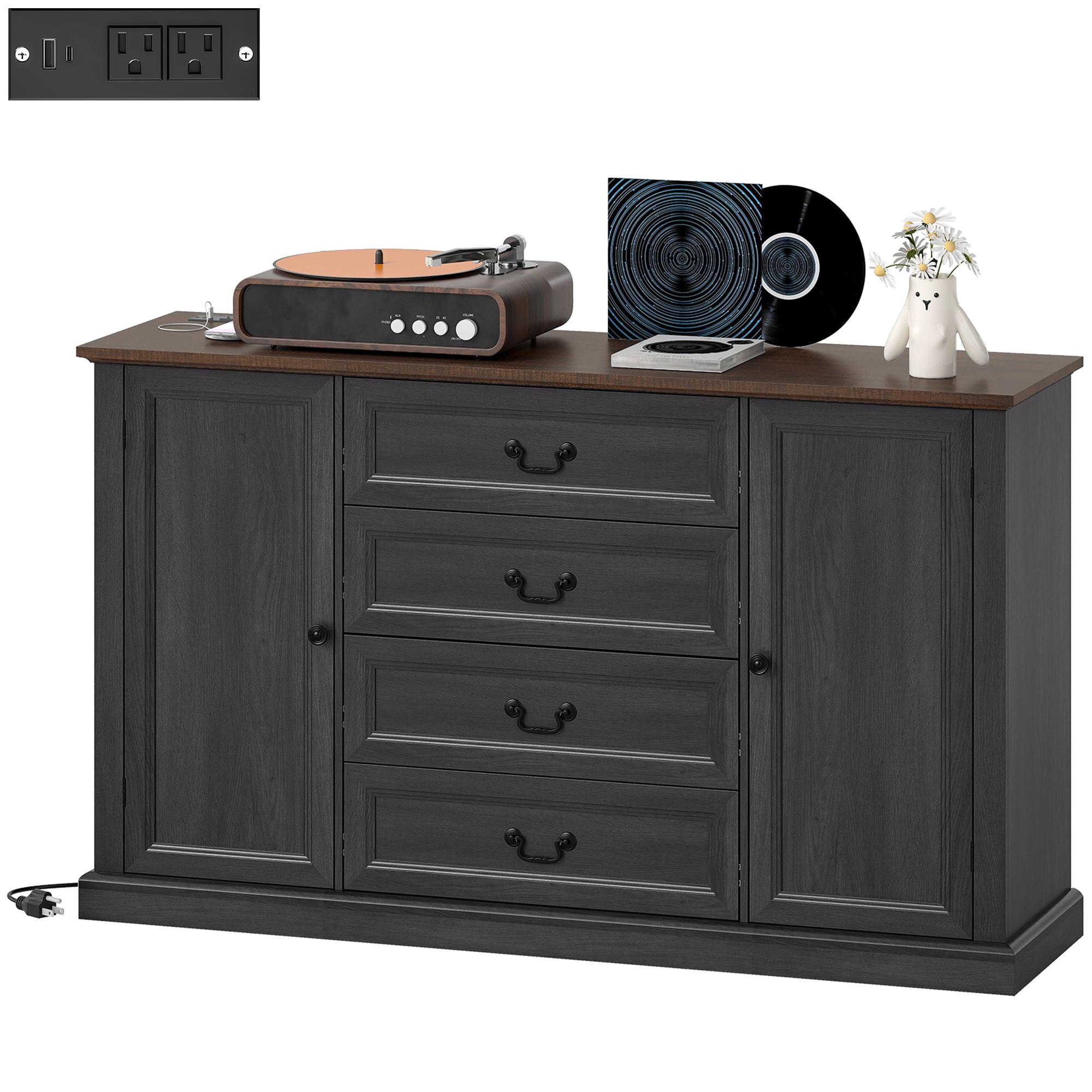 Black Farmhouse Charging Sideboard with 4 Drawers