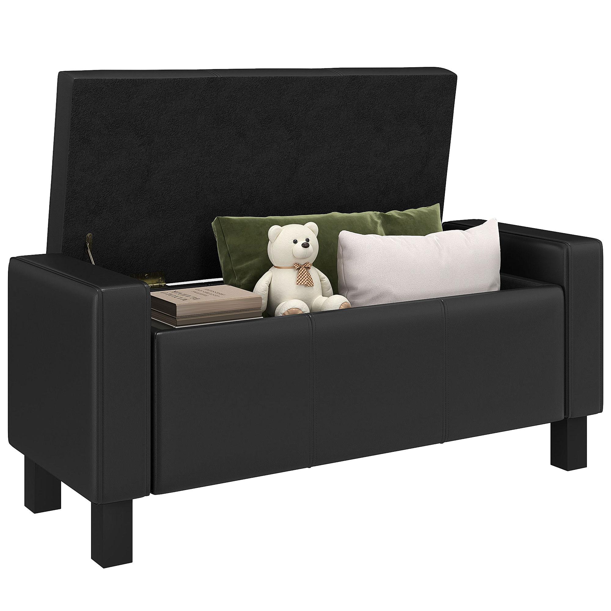 Black Faux Leather Storage Bench with Padded Seat