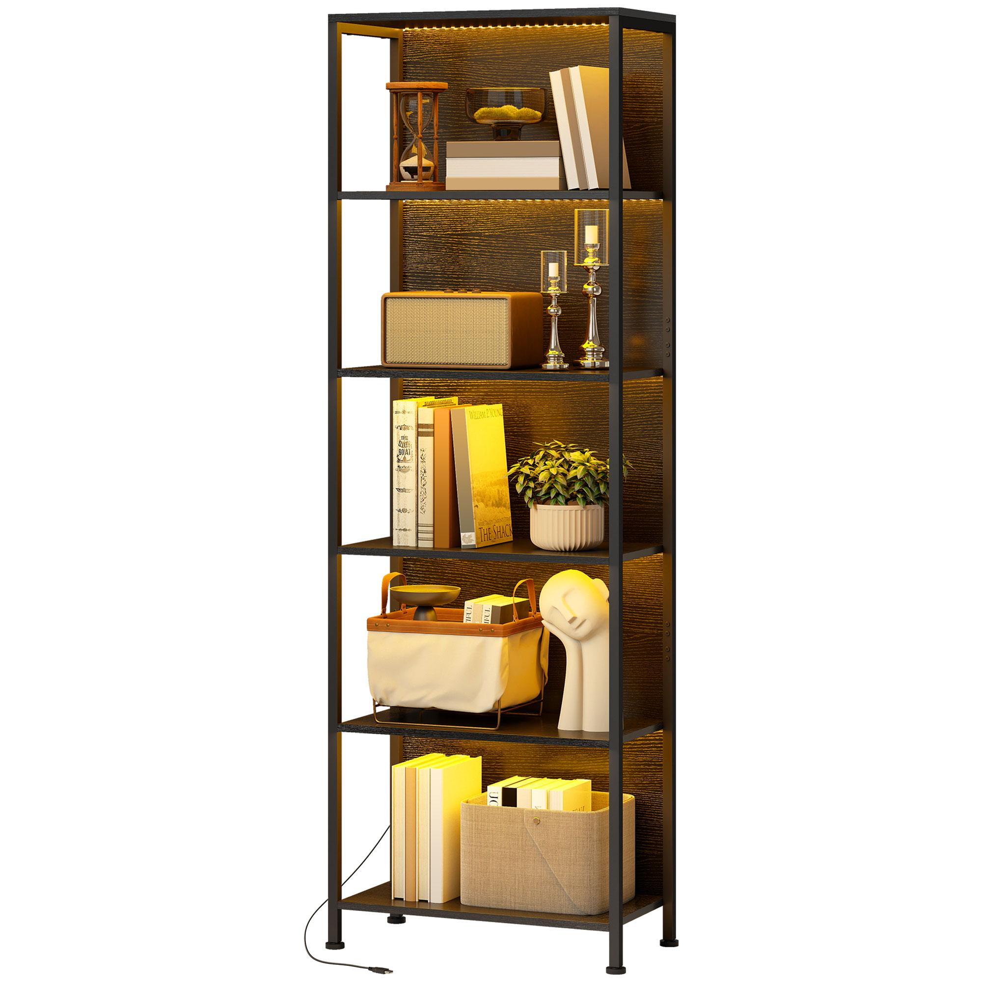 Black Metal Frame Bookshelf with LED Lights, 5-Tier