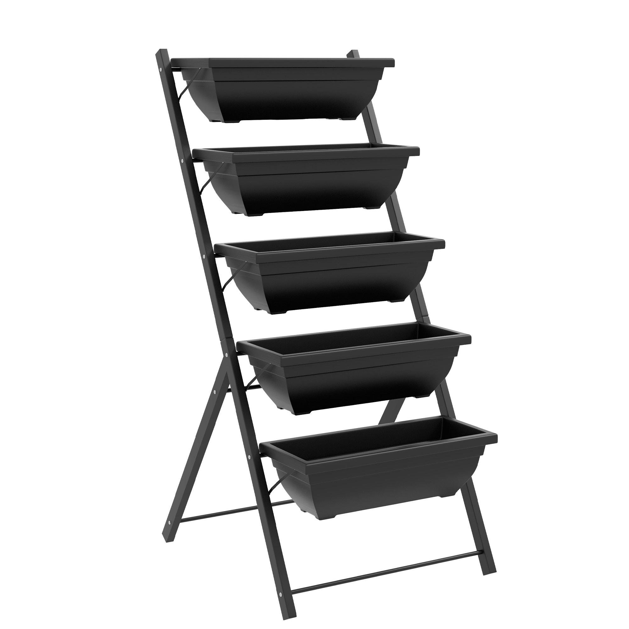 Black Steel Five-Tier Planter Stand with Five Pots