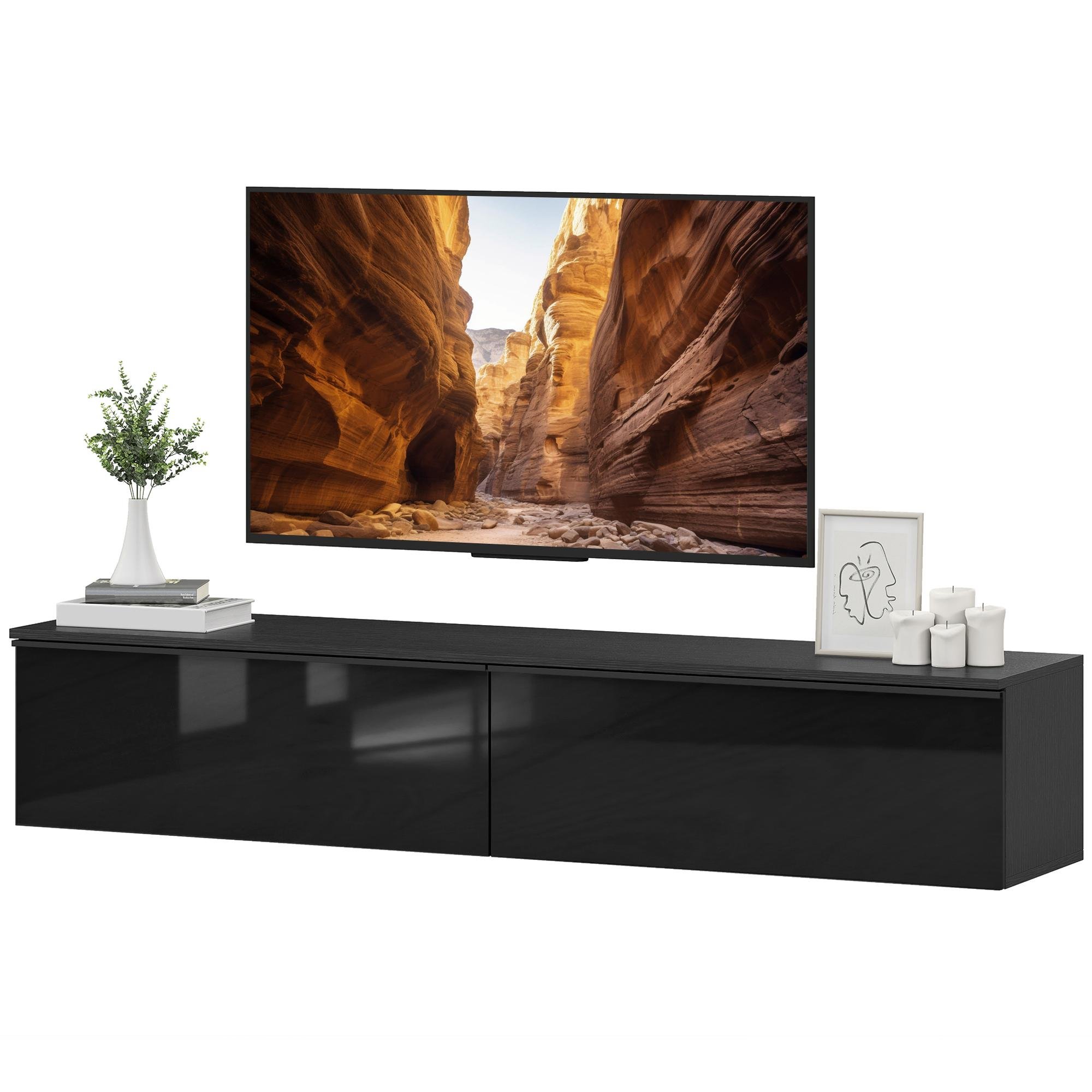 Black Floating TV Cabinet, High Gloss, 63 in
