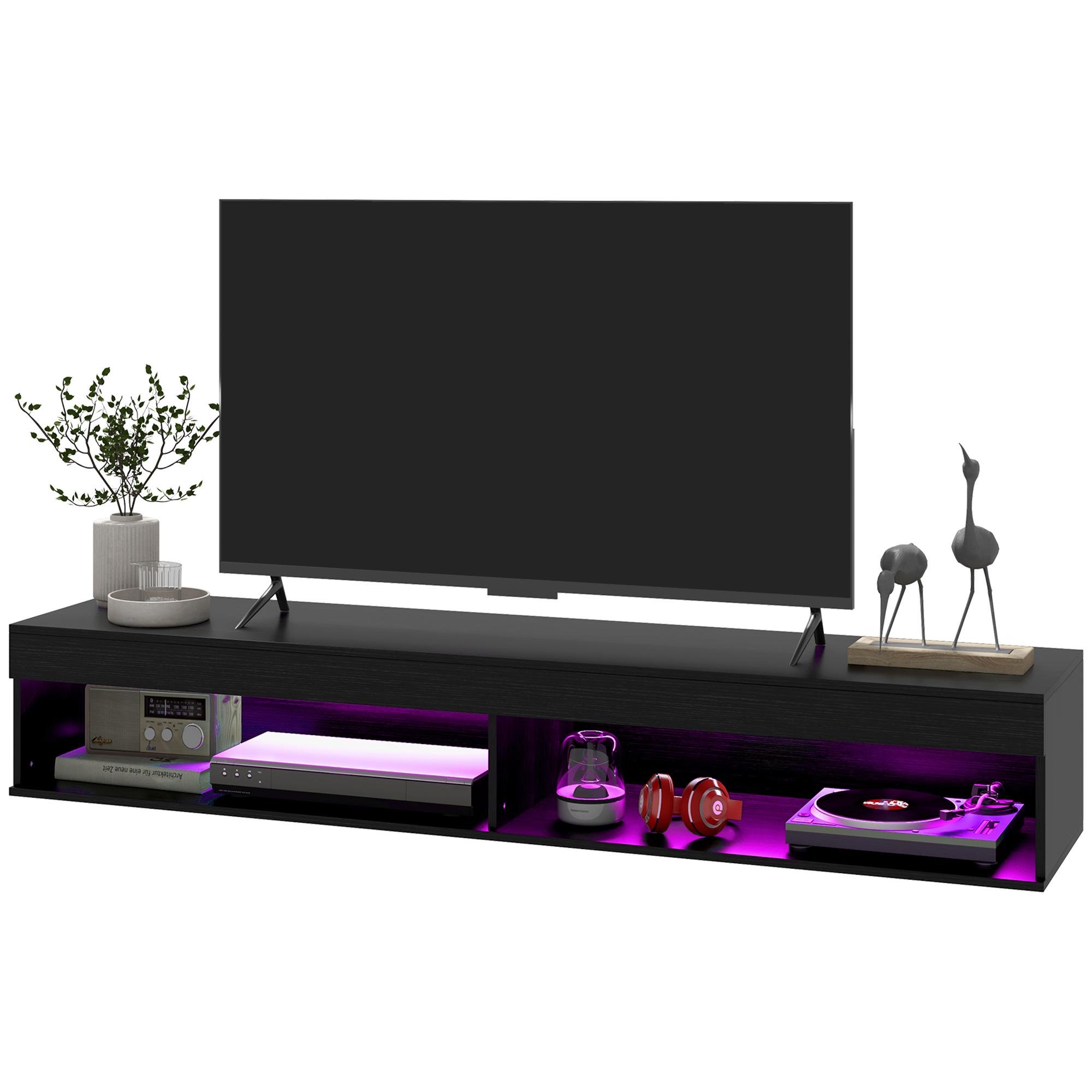 70.9 inch floating tv shelf with LED lights, black