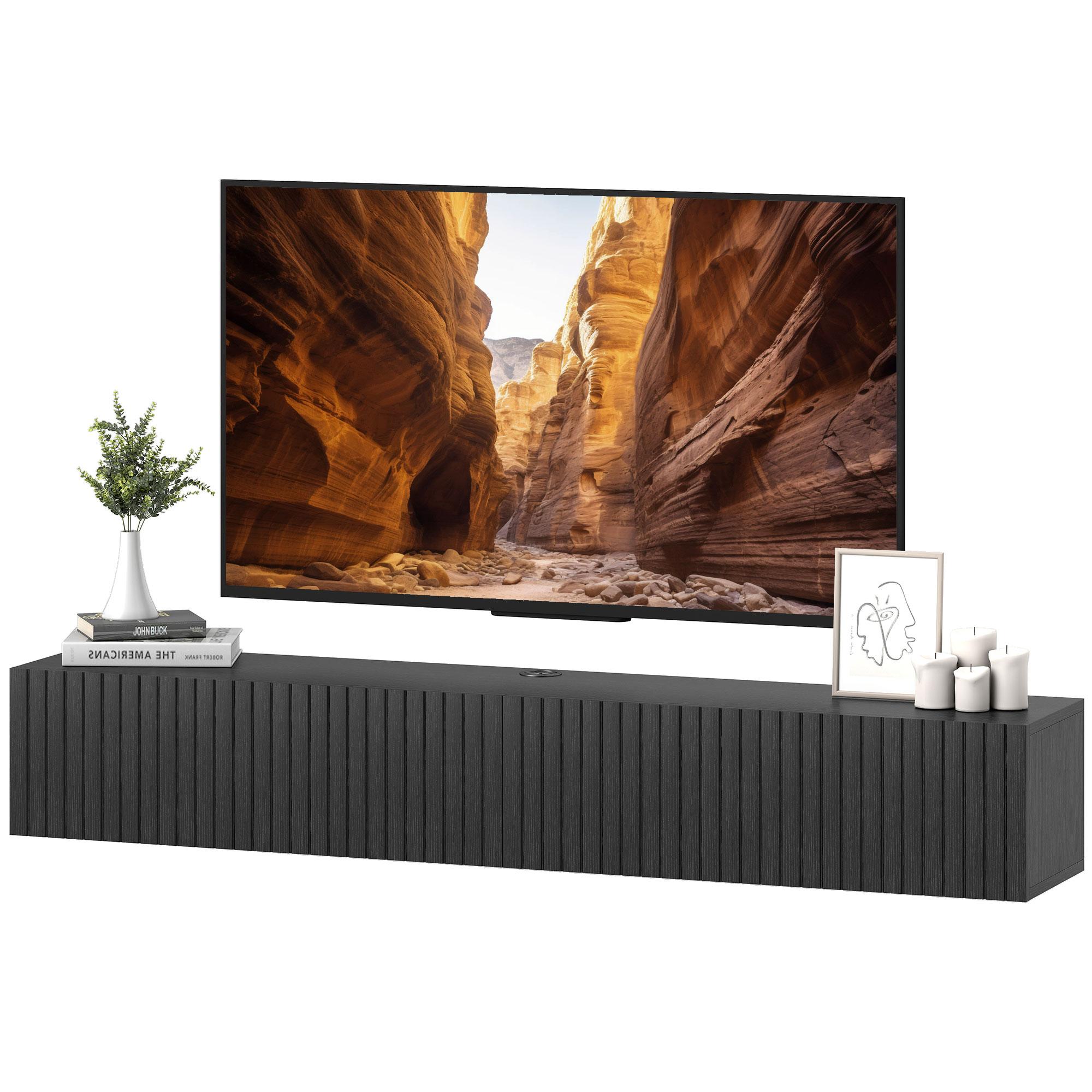 55 Inch Black TV Stand with Fluted Doors for TVs Up to 72 Inch